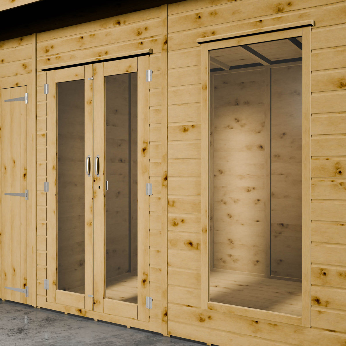 Wooden summer house with styrene windows and doors