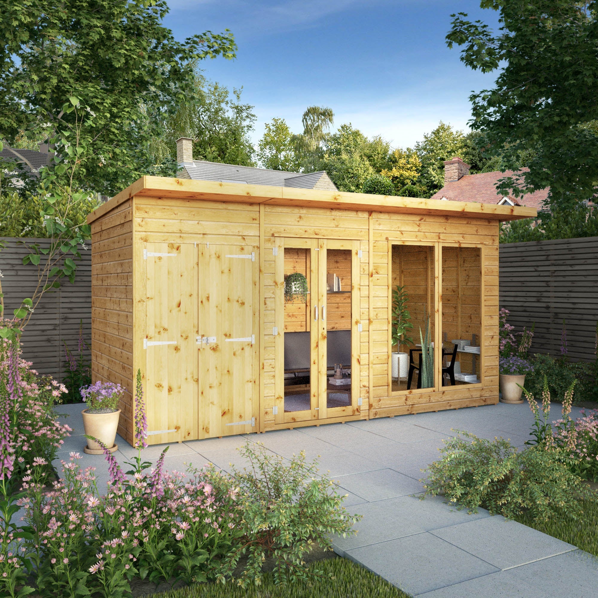 Wooden summer house with side shed in a garden with flowers and plants around