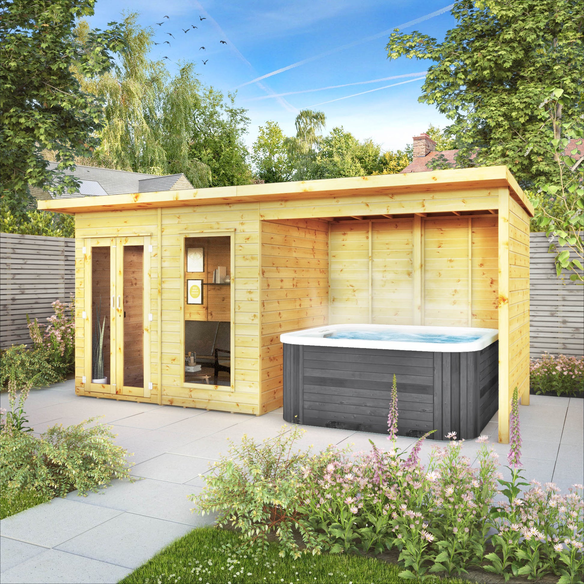 A timber summerhouse with double doors and shelter for a hot tub