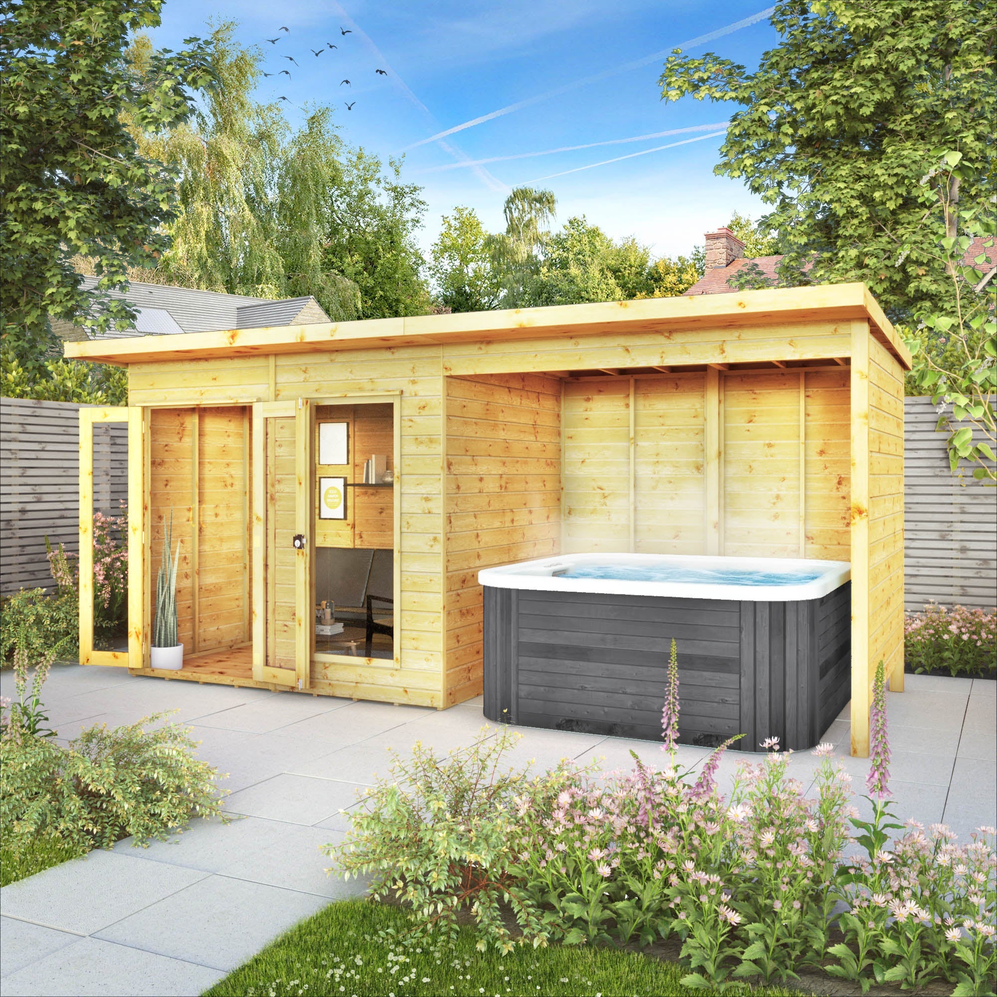 Wooden summer house and a veranda with a hot tub in a garden setting