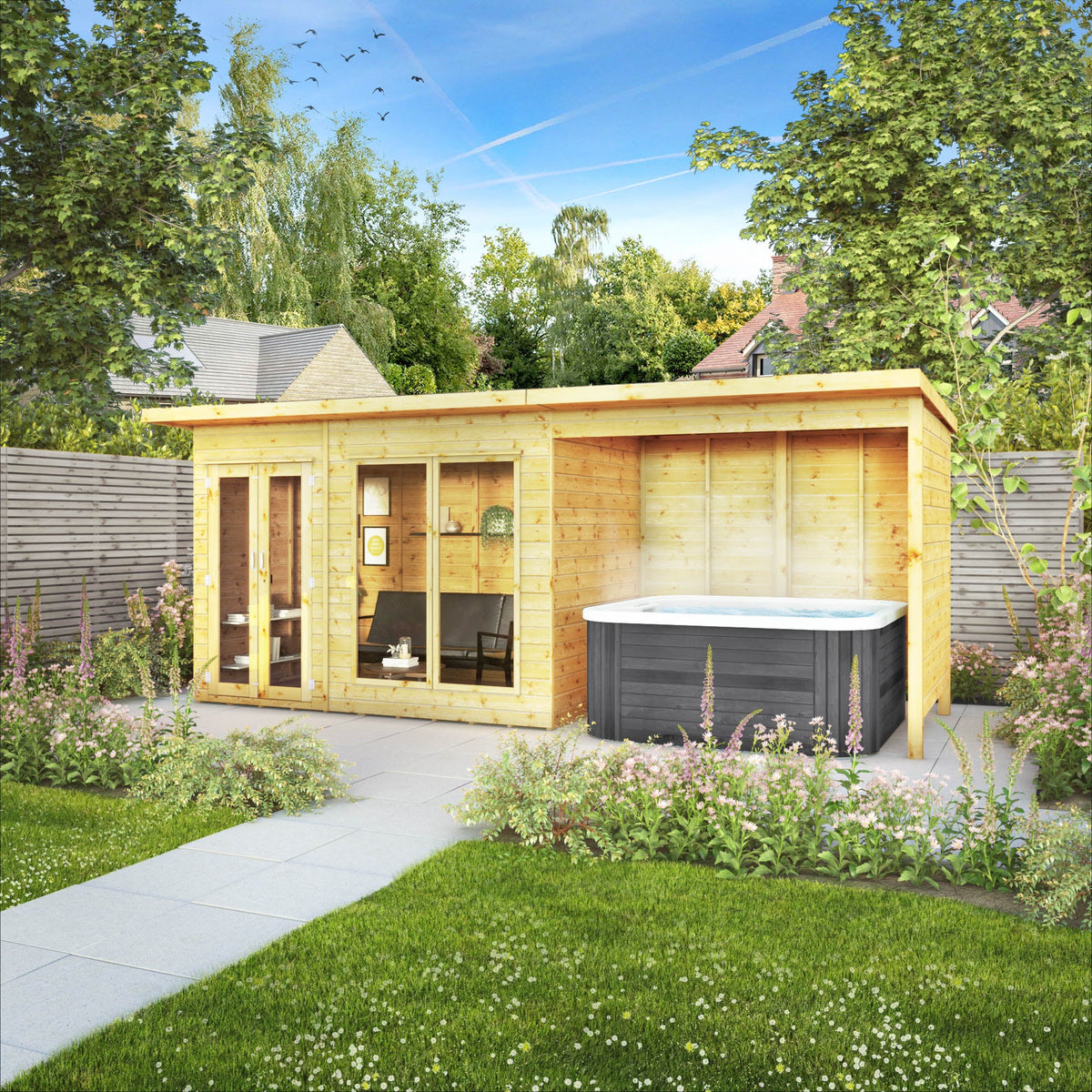 Wooden garden summer house with hot tub in a garden setting