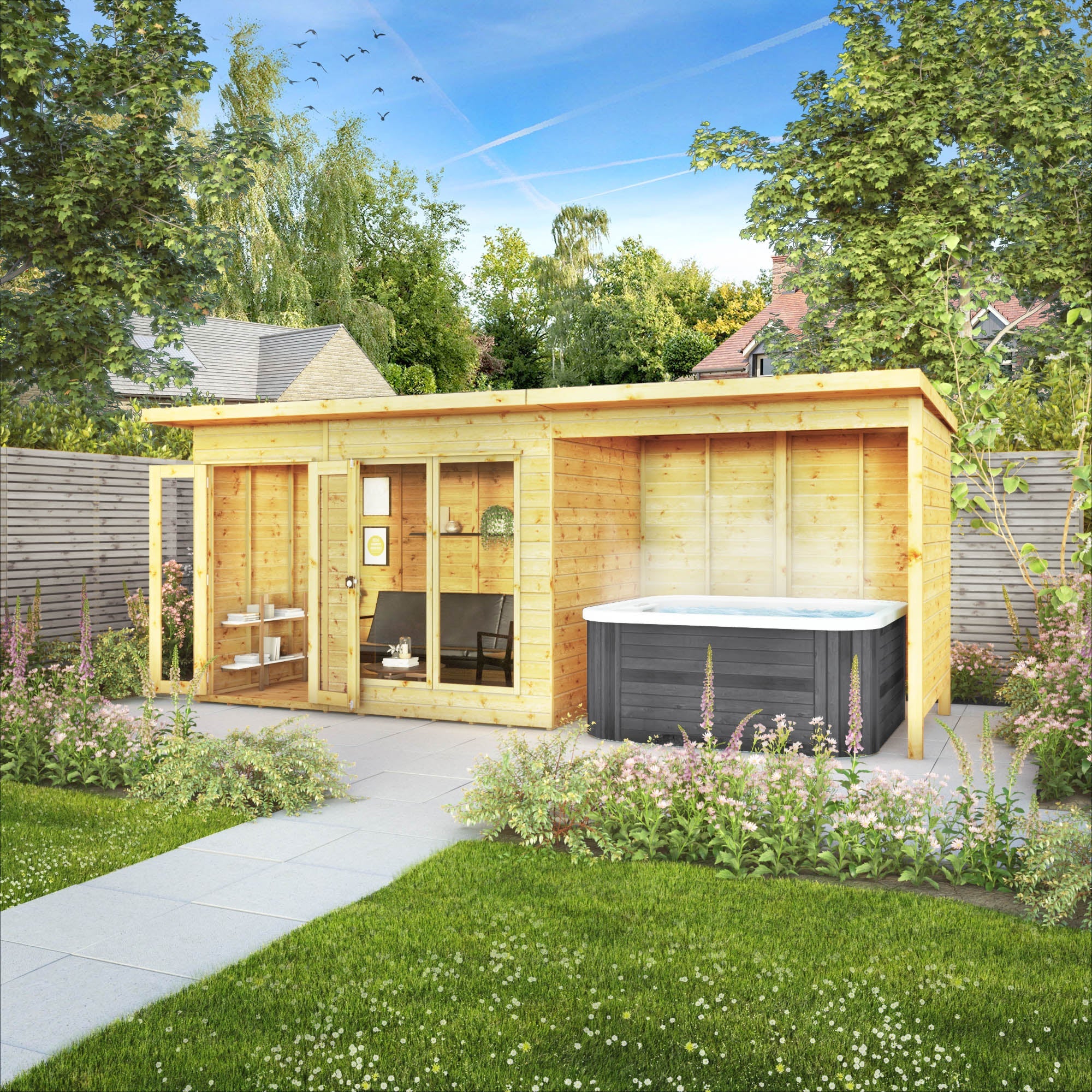 Wooden summerhouse and veranda with hot tub in a garden setting