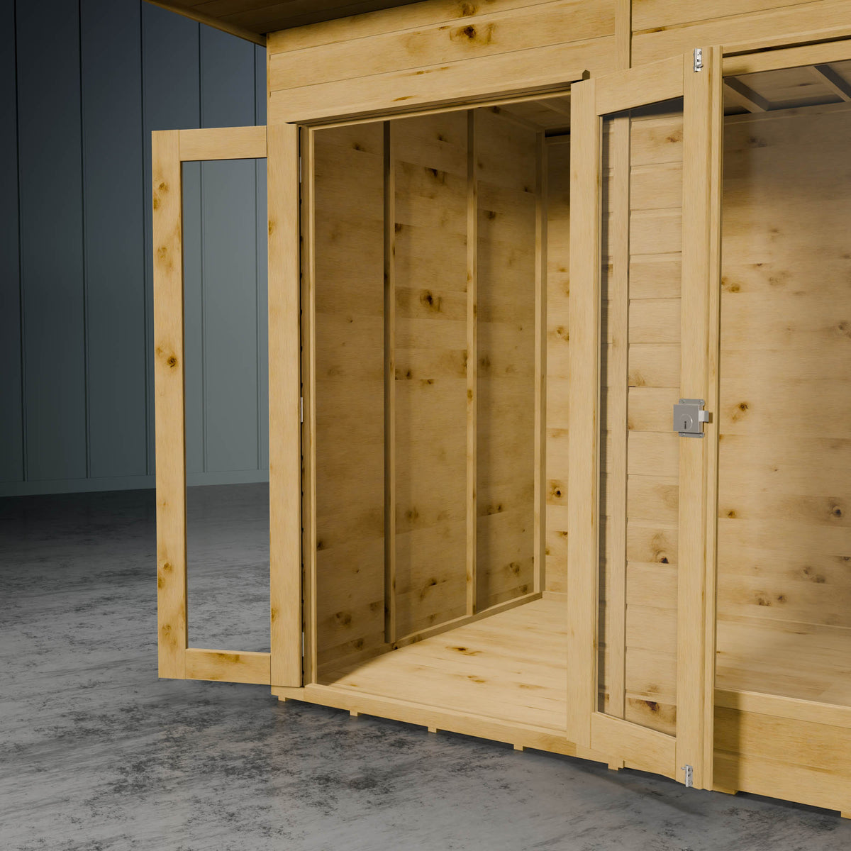 Wooden summer house with open doors on a concrete floor against a grey wall.