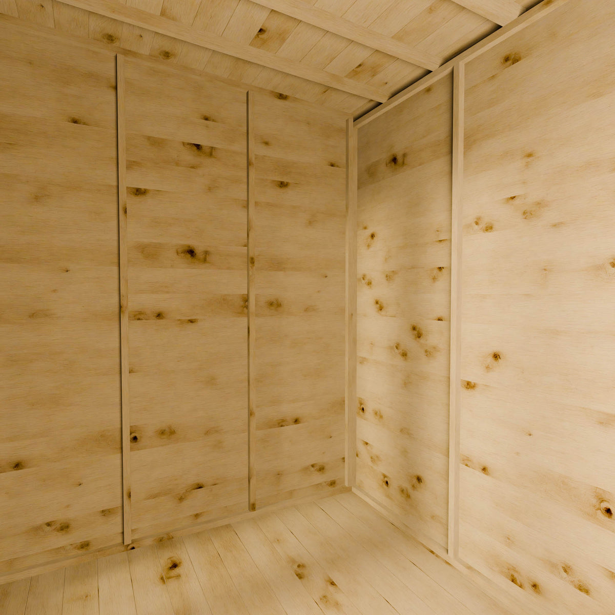Wooden cabin interior with walls and ceiling made of light wood planks.