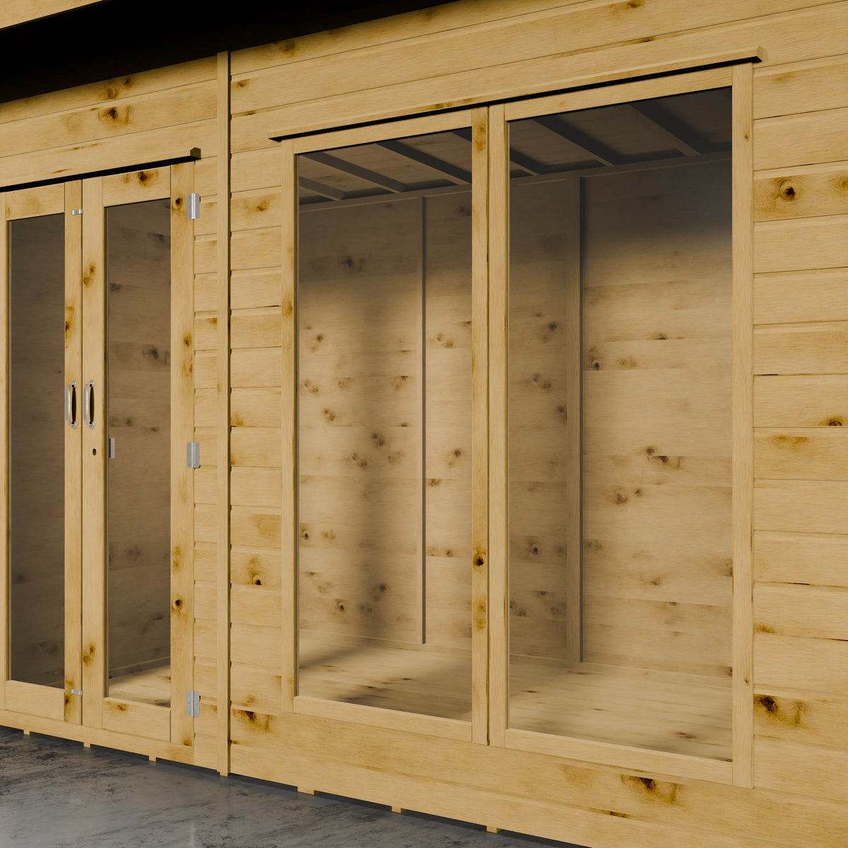 Wooden summer house with styrene doors and windows
