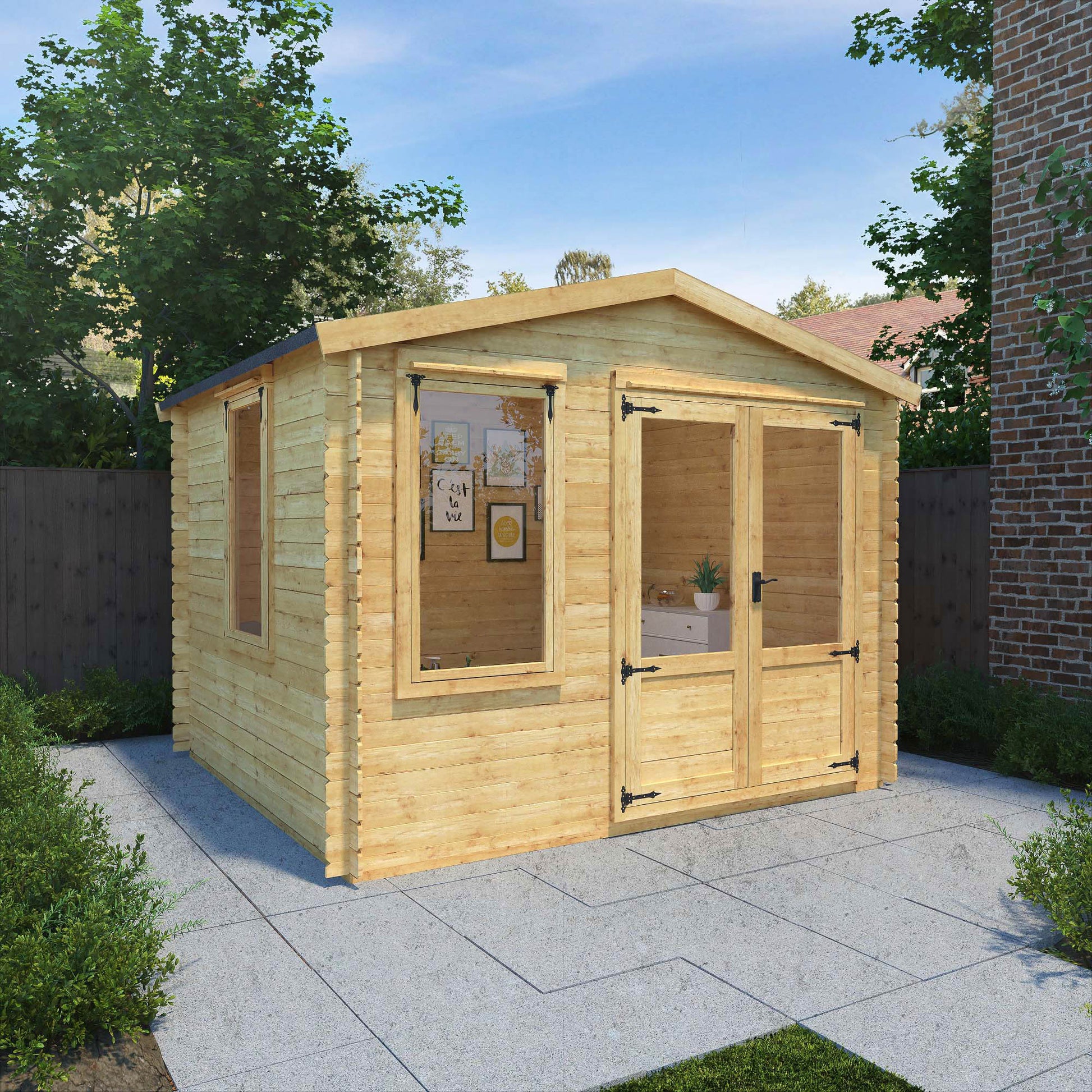Traditional timber log cabin with double doors, large windows, apex roof. Decorated for relaxing purposes