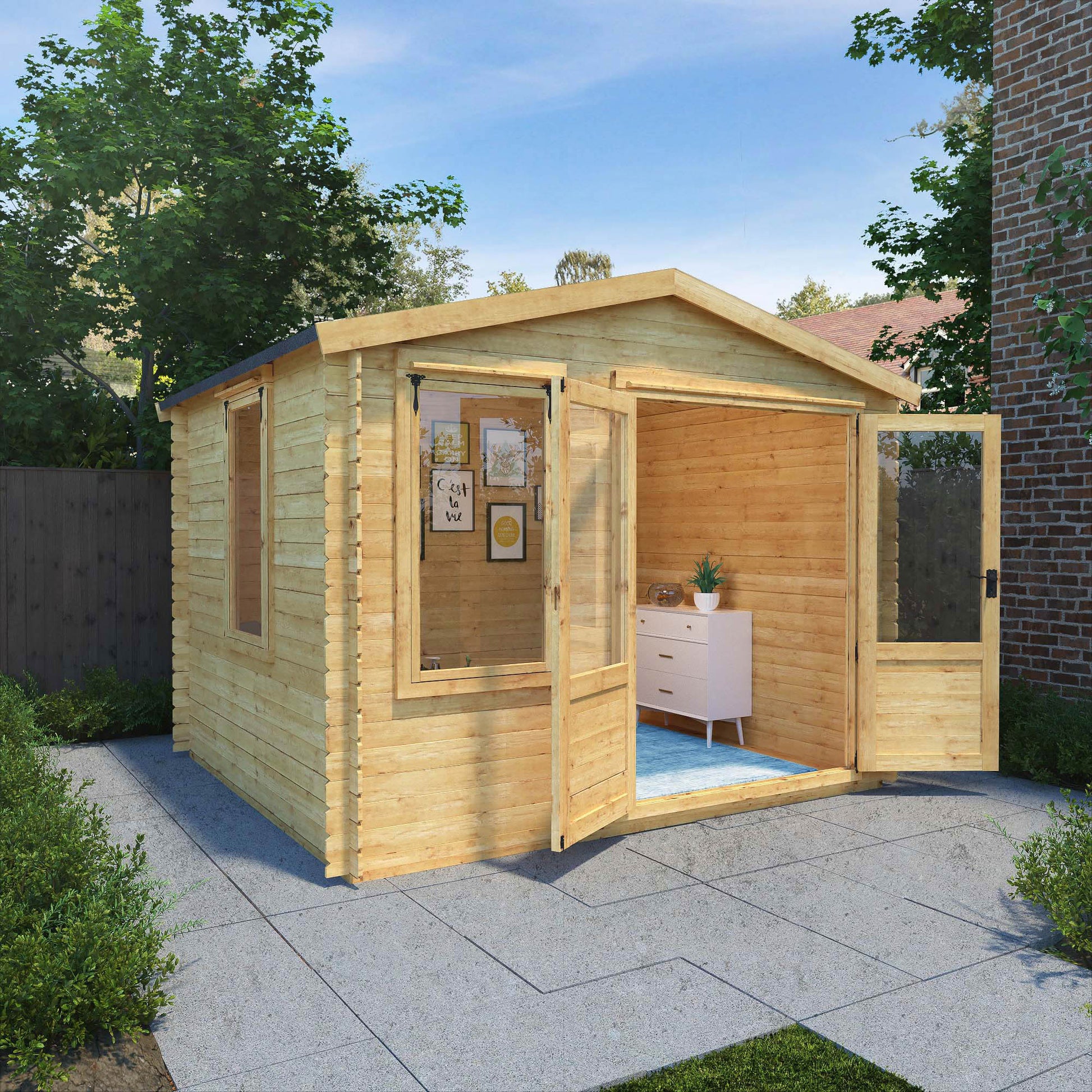 Traditional timber log cabin with double doors, large windows, apex roof. Decorated for relaxing purposes