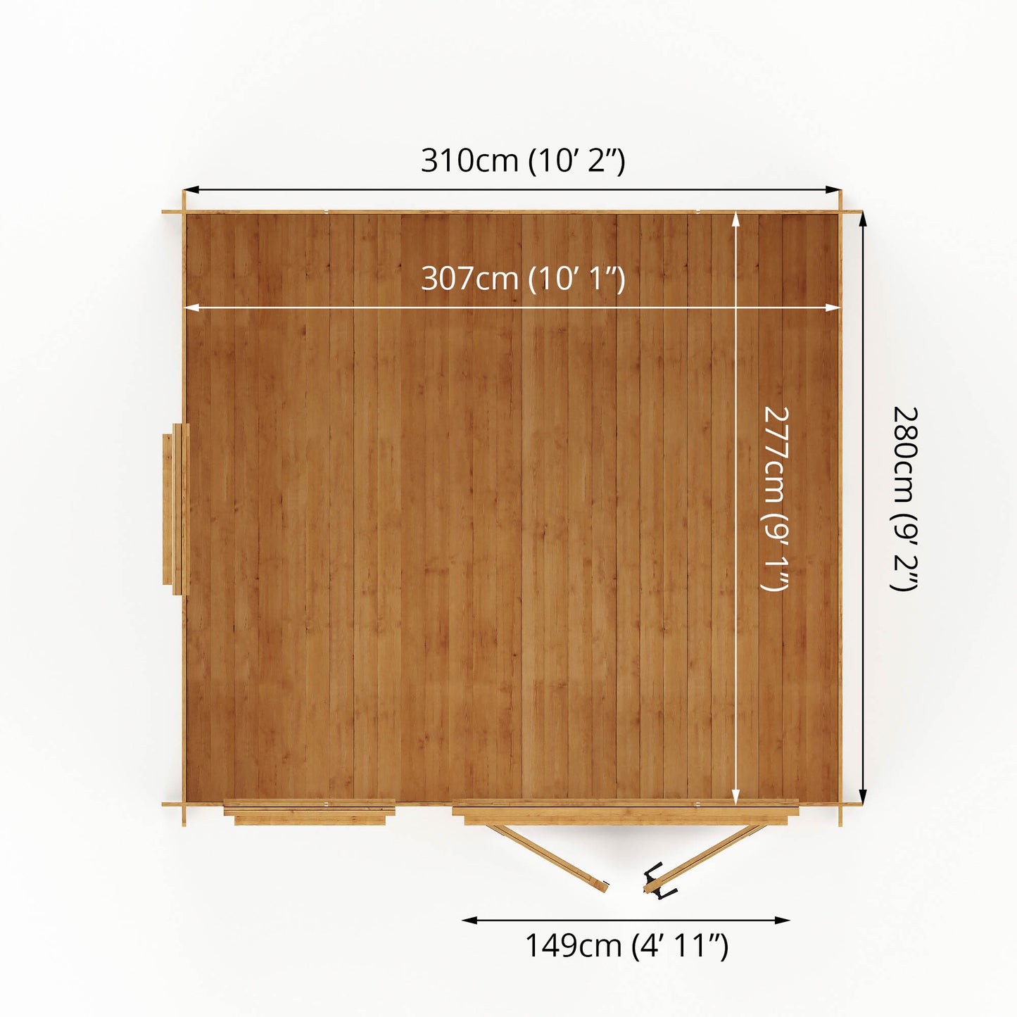 Dimensions of a traditional timber log cabin with double doors, large windows, apex roof. 