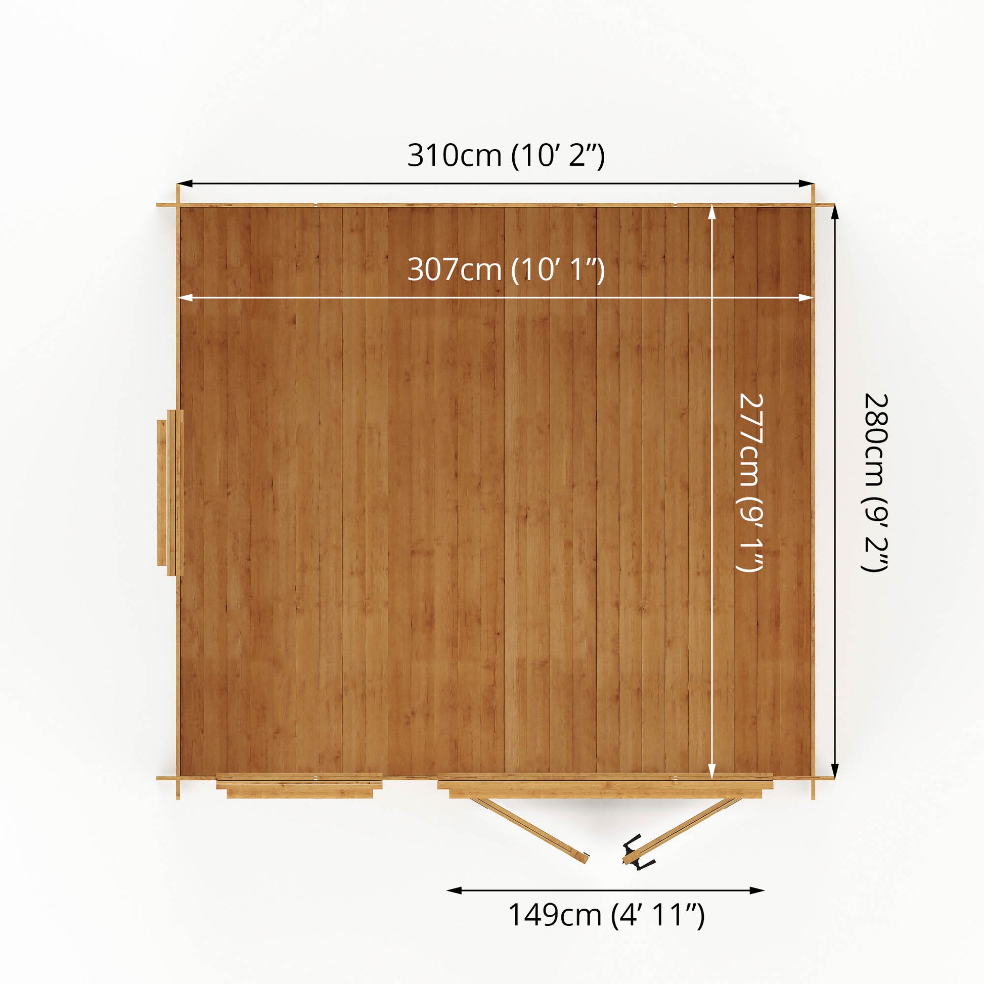 Dimensions of a traditional timber log cabin with double doors, large windows, apex roof. 