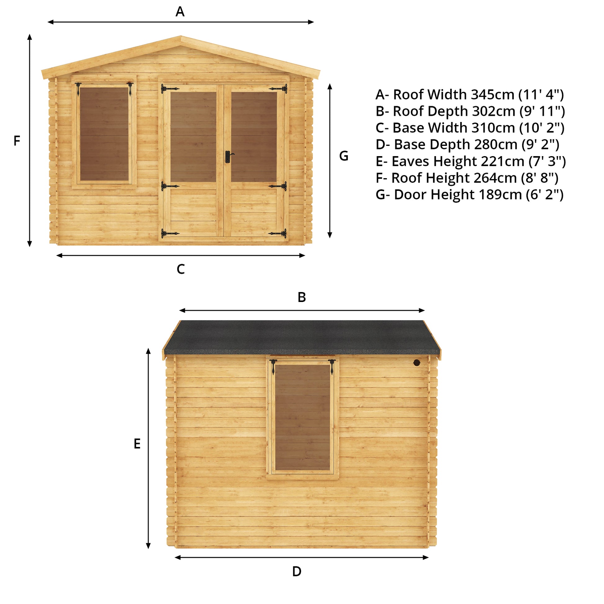 Dimensions of a traditional timber log cabin with double doors, large windows, apex roof. 
