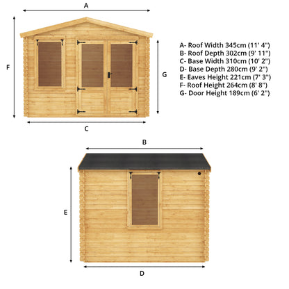 Dimensions of a traditional timber log cabin with double doors, large windows, apex roof. 