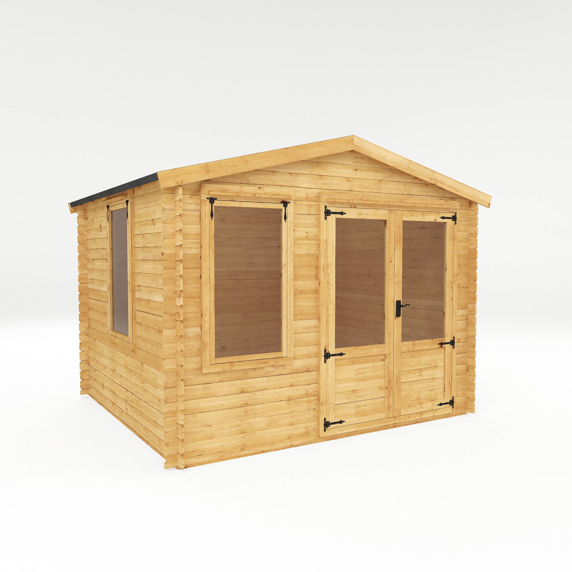 Traditional timber log cabin with double doors, large windows, apex roof. Decorated for relaxing purposes