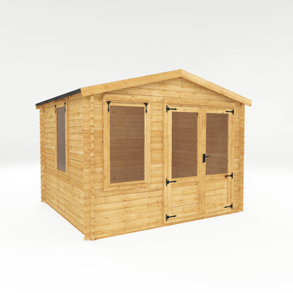 Traditional timber log cabin with double doors, large windows, apex roof. Decorated for relaxing purposes