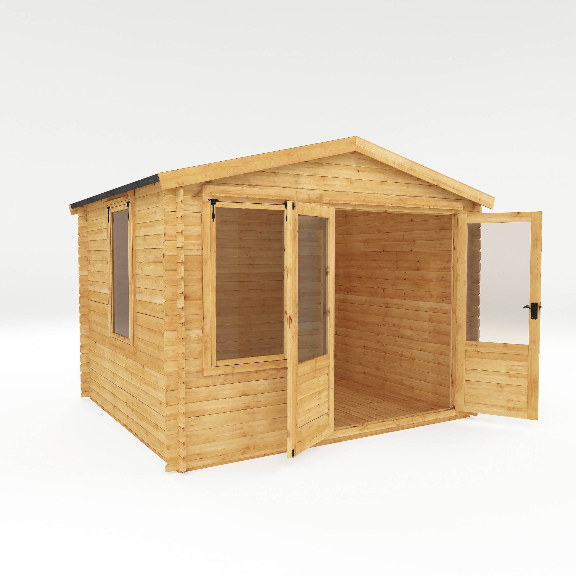 Traditional timber log cabin with double doors, large windows, apex roof. Decorated for relaxing purposes