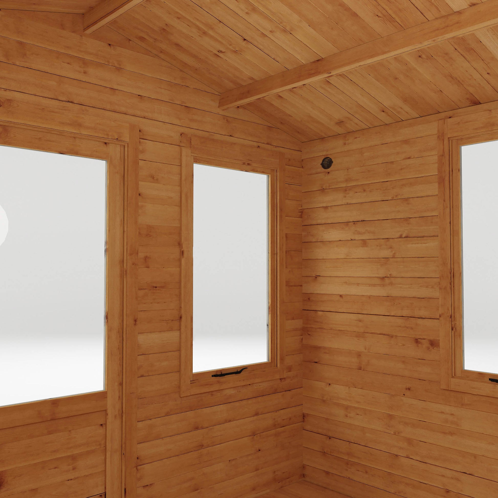 Inside of a traditional timber log cabin with double doors, large windows, apex roof. Decorated for relaxing purposes