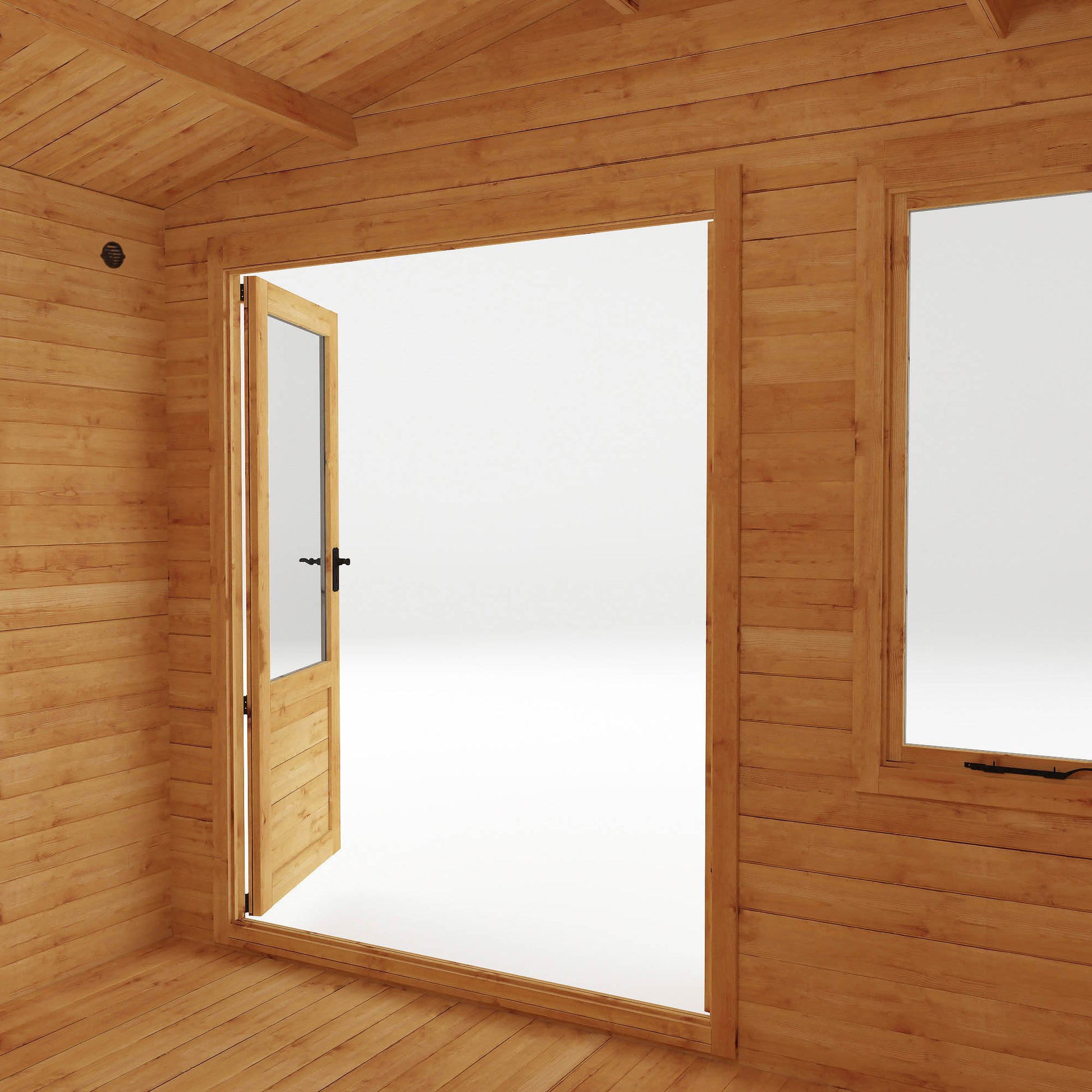 Traditional timber log cabin with double doors, large windows, apex roof. 