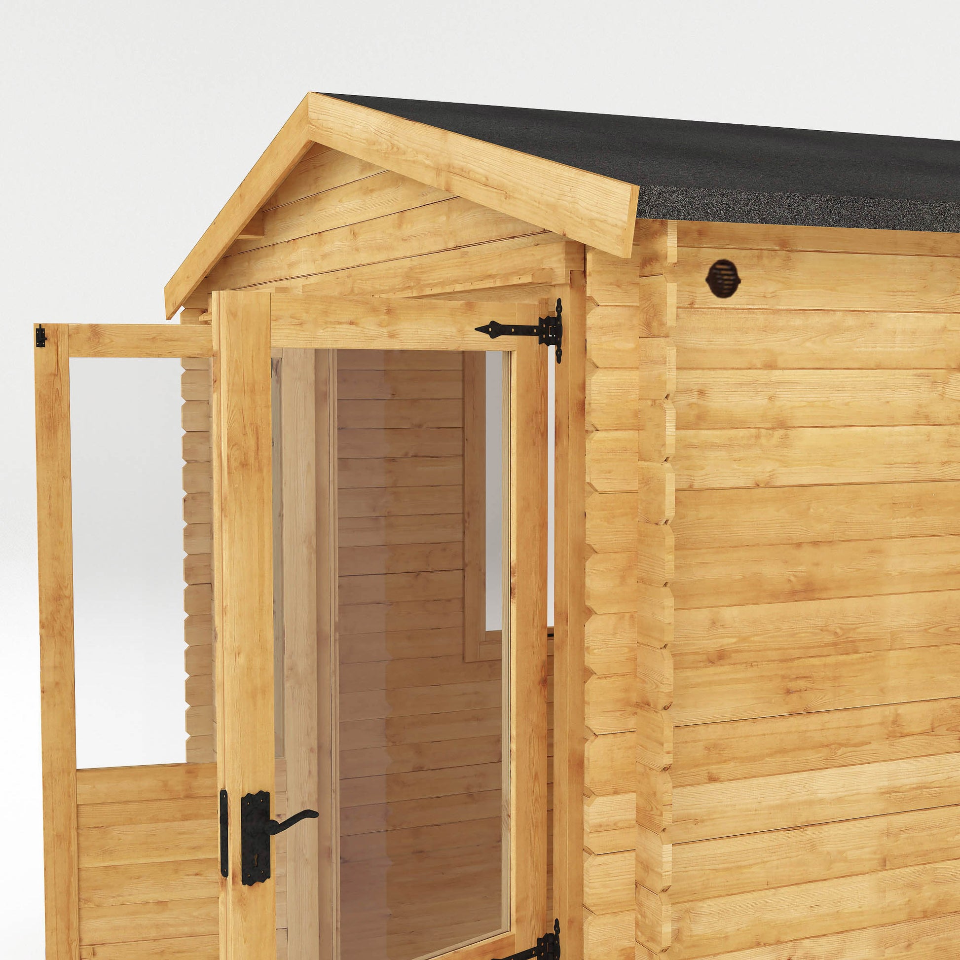 Traditional timber log cabin with double doors, large windows, apex roof. 