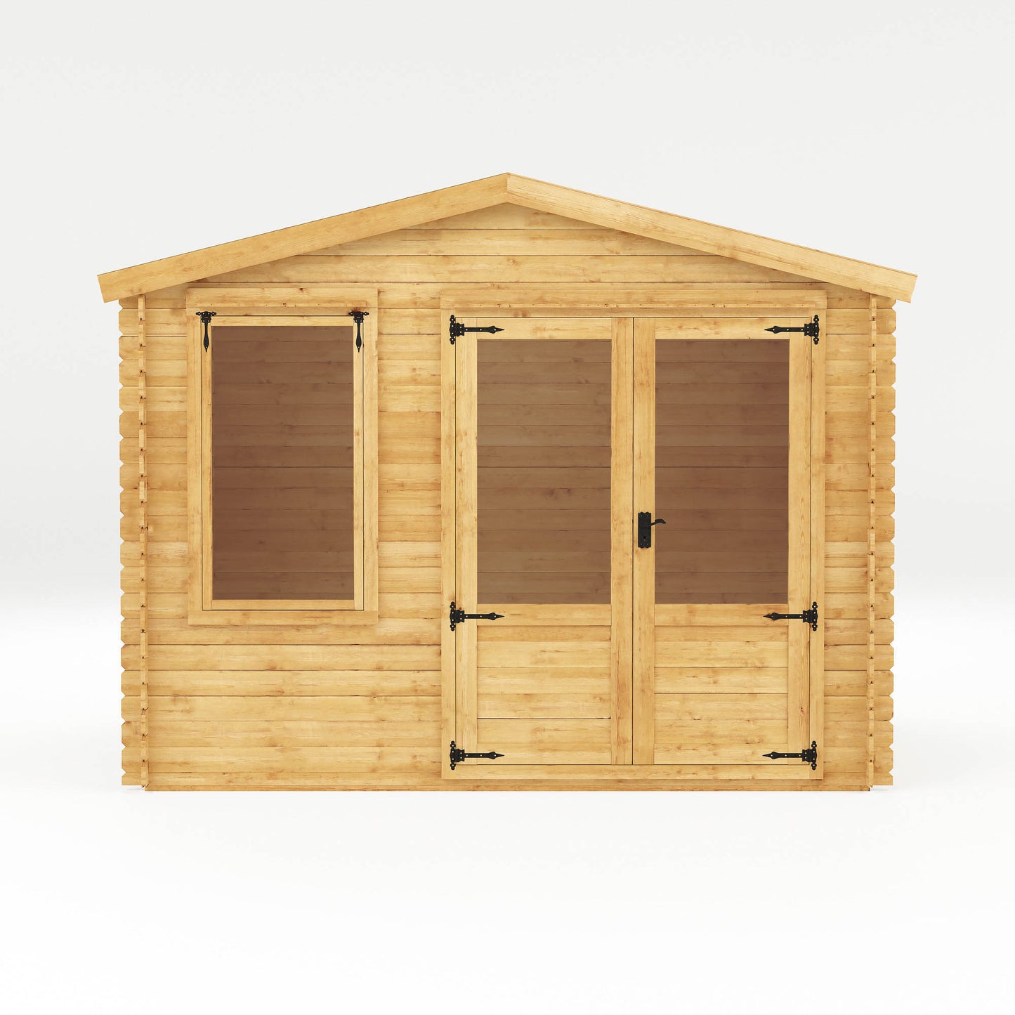 Traditional timber log cabin with double doors, large windows, apex roof. Decorated for relaxing purposes