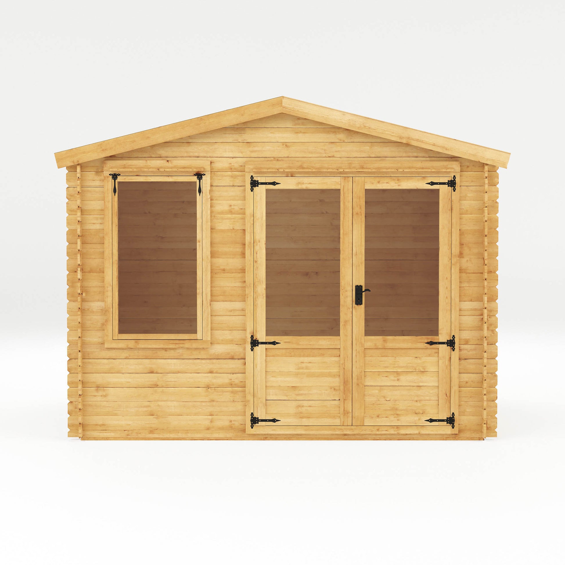 Traditional timber log cabin with double doors, large windows, apex roof. Decorated for relaxing purposes
