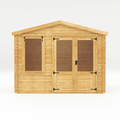 Traditional timber log cabin with double doors, large windows, apex roof. Decorated for relaxing purposes