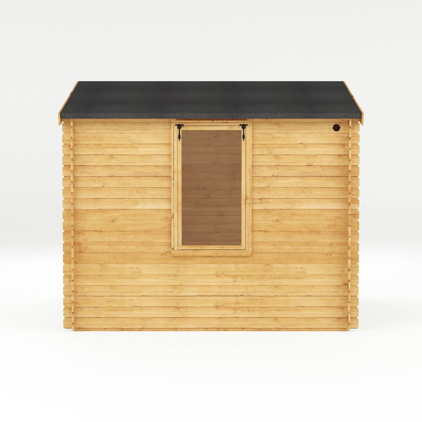 Side profile of a Traditional timber log cabin with double doors, large windows, apex roof. Decorated for relaxing purposes