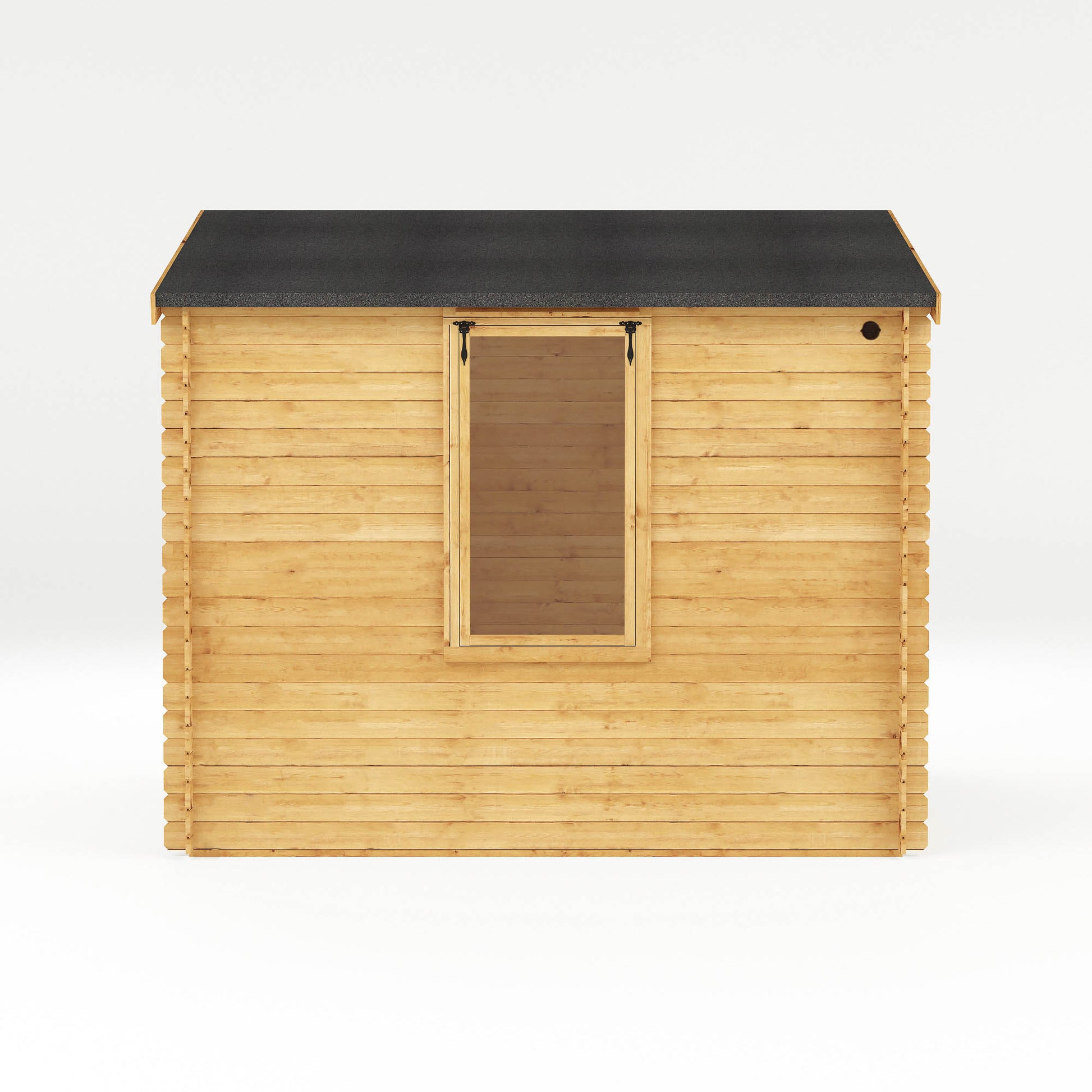 Side profile of a Traditional timber log cabin with double doors, large windows, apex roof. Decorated for relaxing purposes