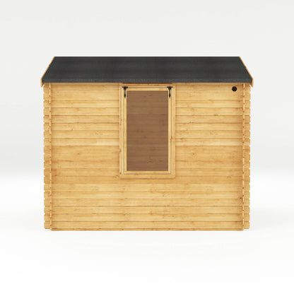 Side profile of a Traditional timber log cabin with double doors, large windows, apex roof. Decorated for relaxing purposes