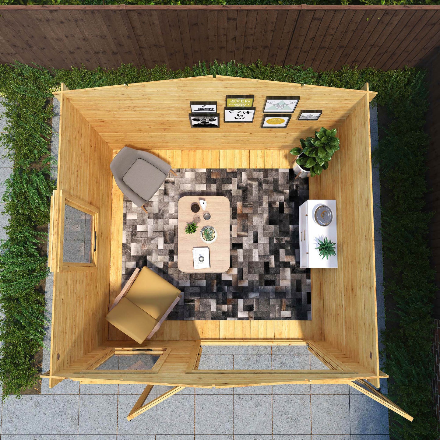 Aerial of a traditional timber log cabin with double doors, large windows, apex roof. Decorated for relaxing purposes