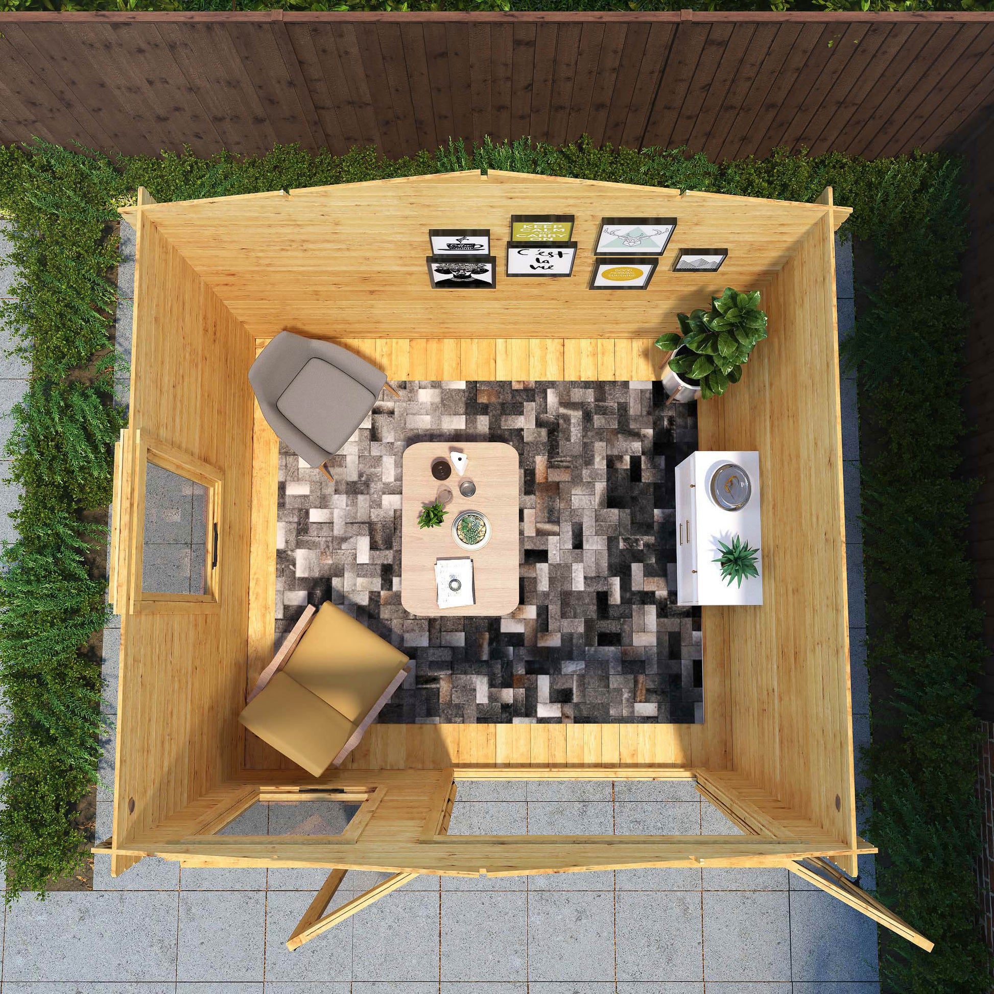 Aerial of a traditional timber log cabin with double doors, large windows, apex roof. Decorated for relaxing purposes
