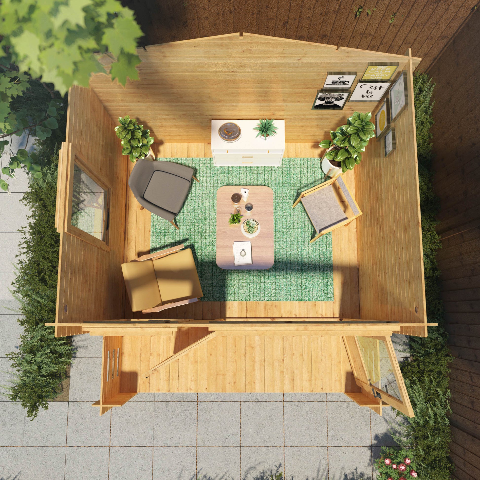 An aerial view of a log cabin used for relaxation purposes 