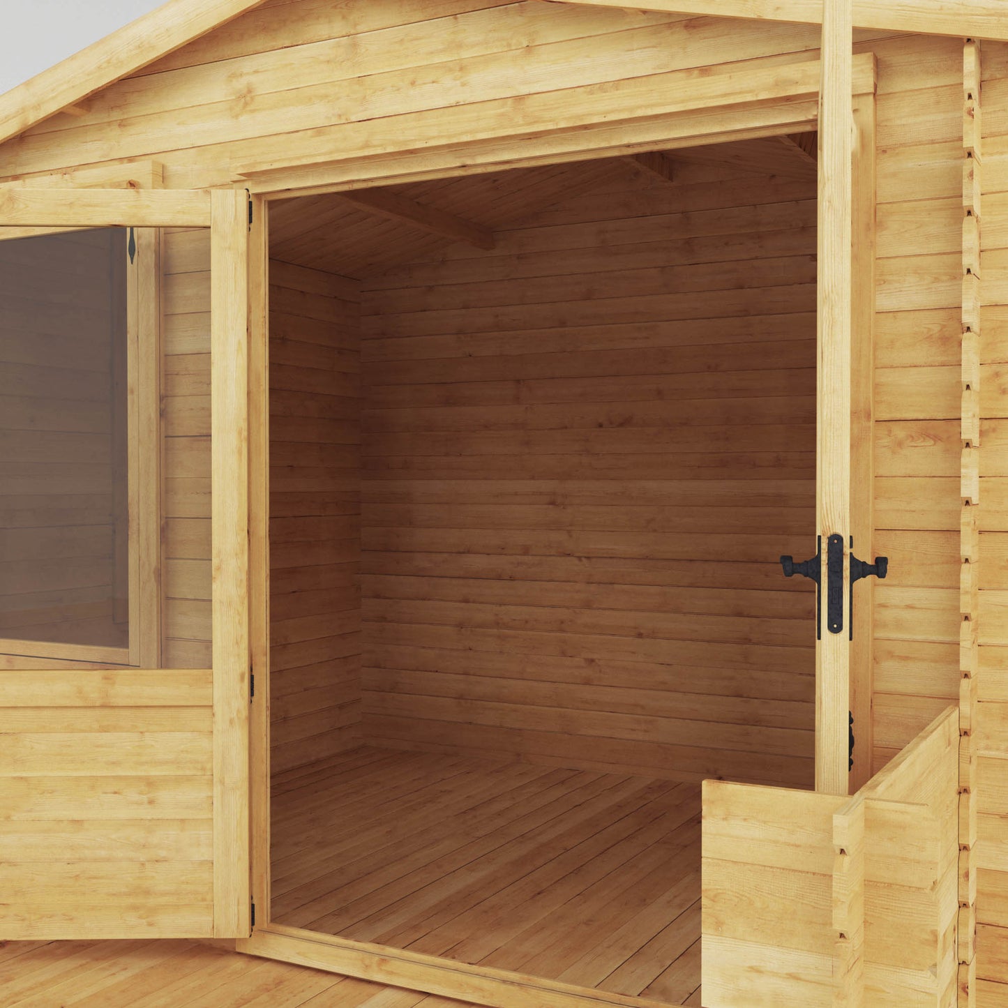 A log cabin with double doors, large windows, apex roof and veranda