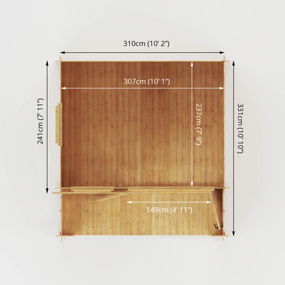 Dimensions of a log cabin with apex roof, double doors and veranda