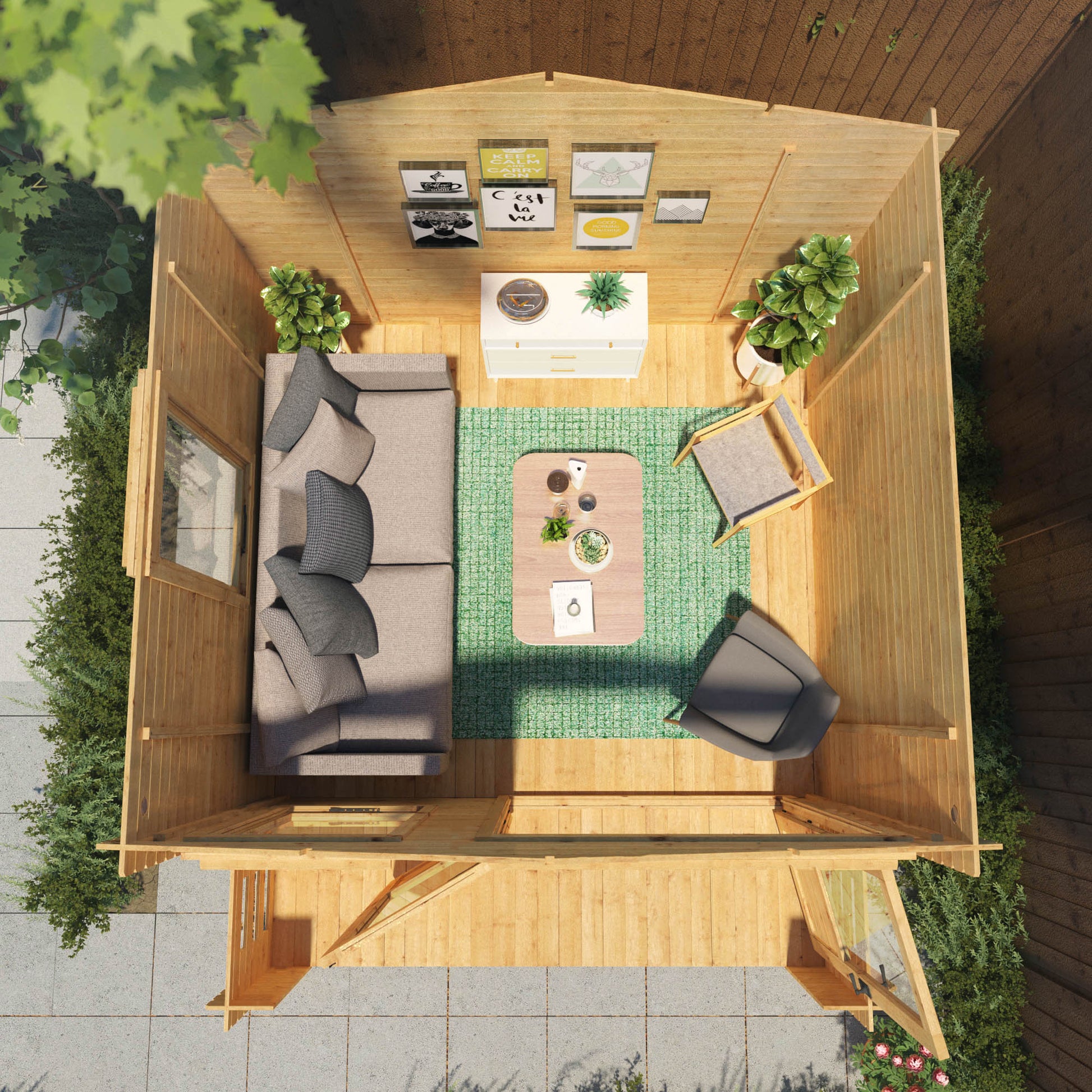 An aerial shot of a log cabin being used for relaxation purposes