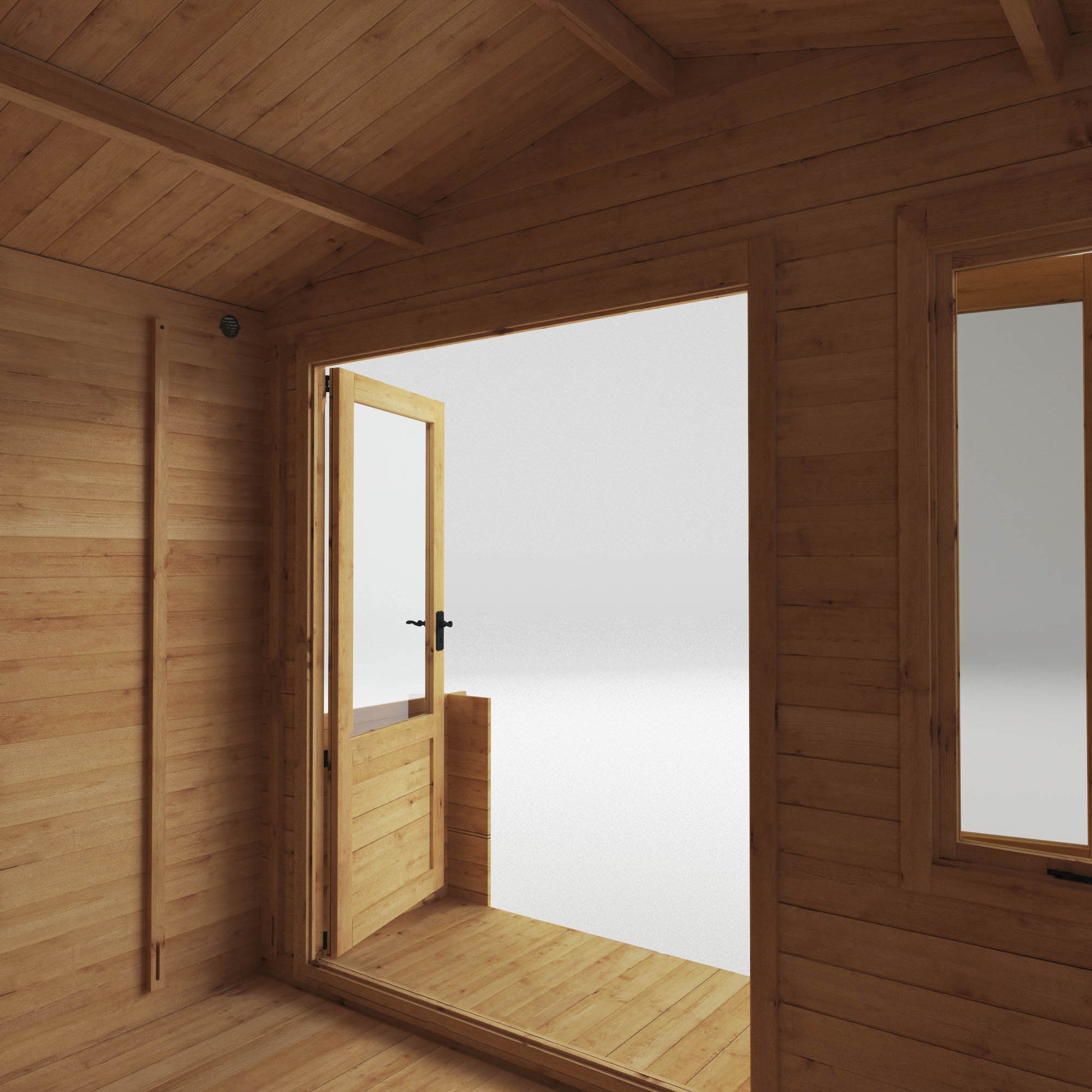 A traditional timber log cabin with apex roof, double doors, large windows and veranda