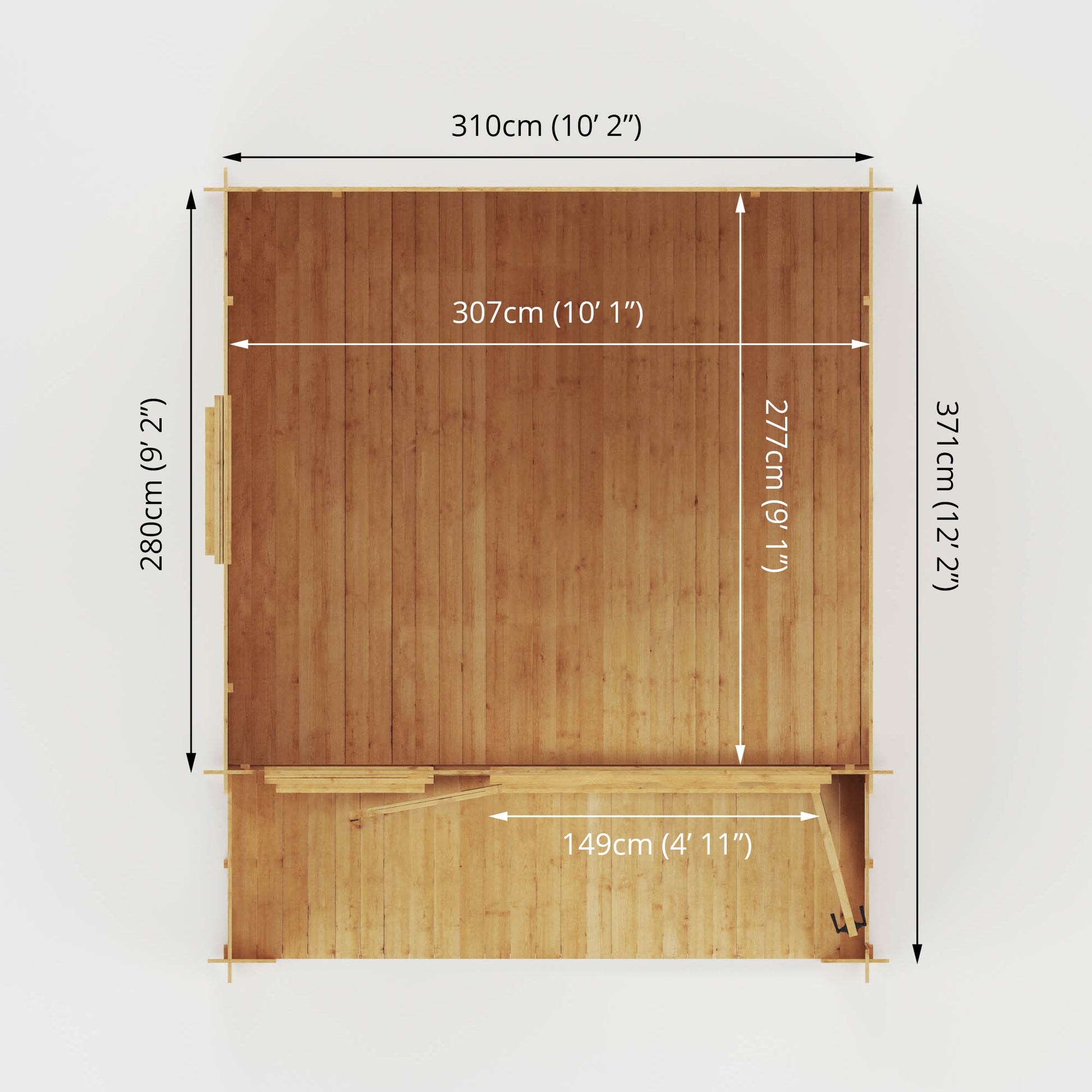 Dimensions of a traditional timber log cabin with apex roof, double doors, large windows and veranda
