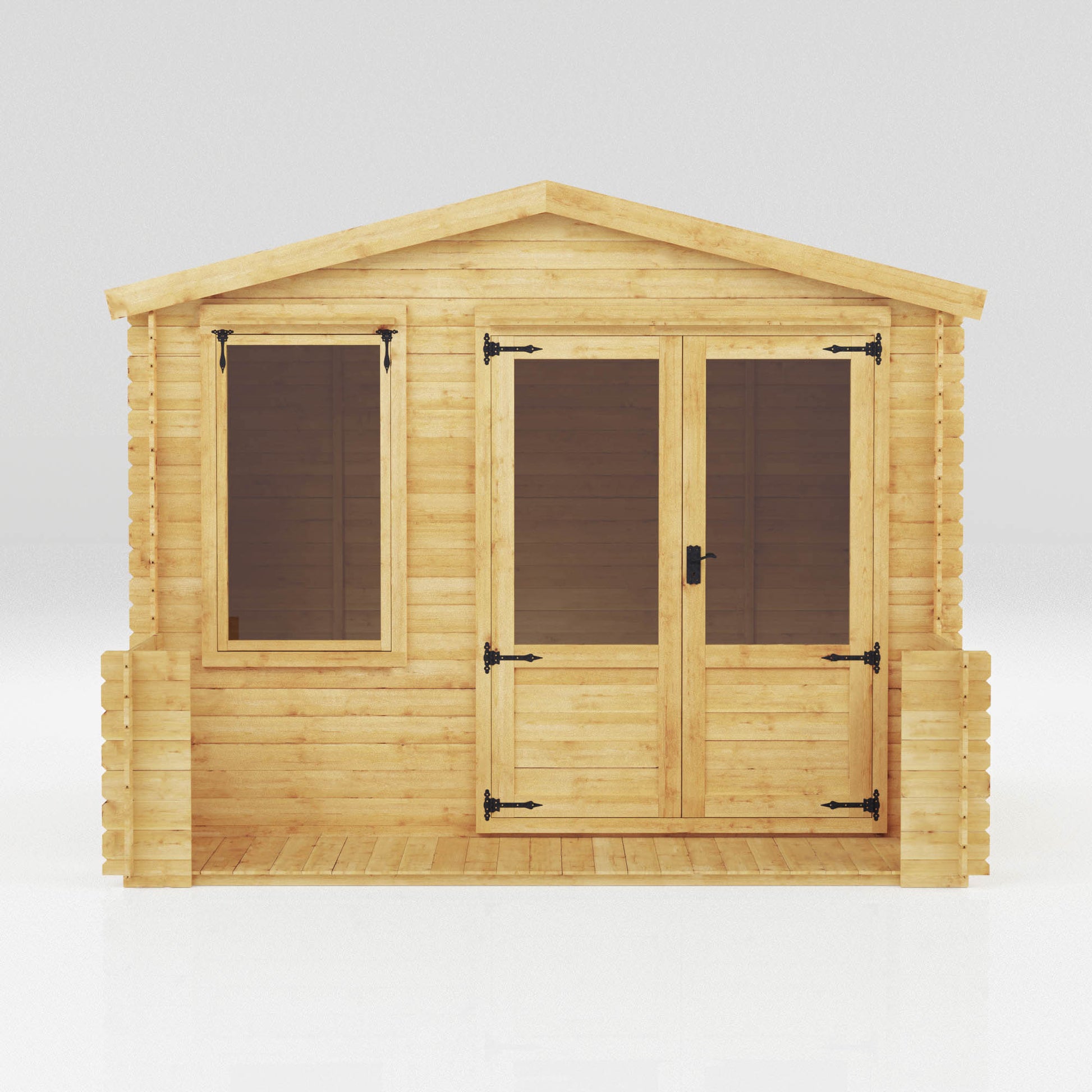A traditional timber log cabin with apex roof, double doors, large windows and veranda