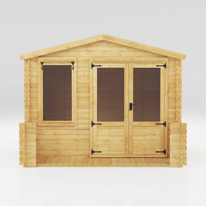 A traditional timber log cabin with apex roof, double doors, large windows and veranda