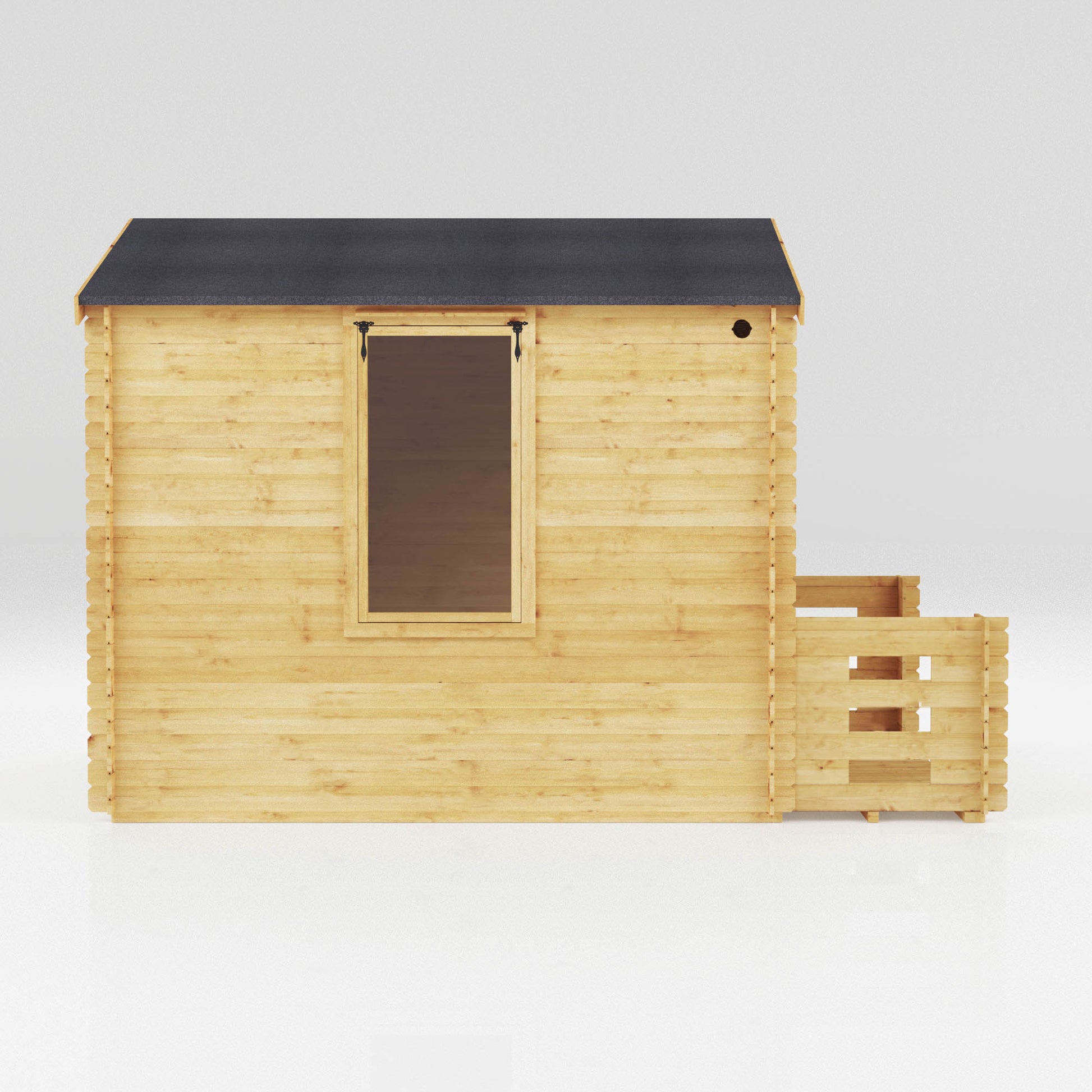 A traditional timber log cabin with apex roof, double doors, large windows and veranda