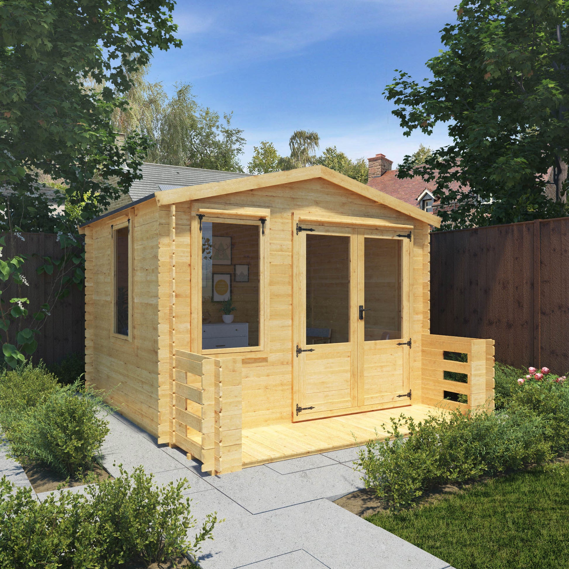 A traditional timber log cabin with apex roof, double doors, large windows and veranda