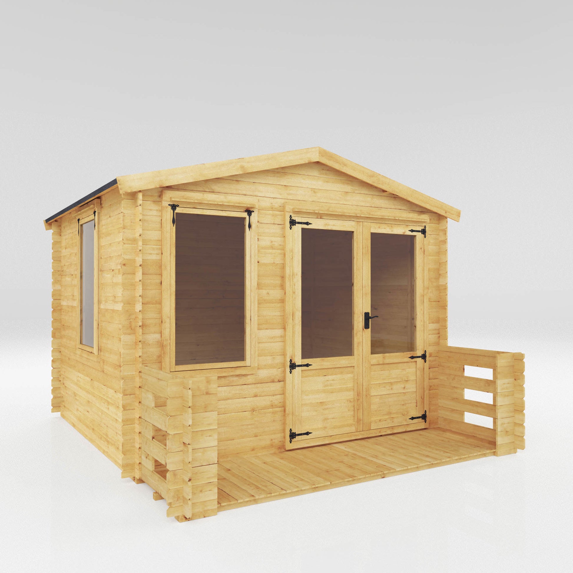 A traditional timber log cabin with apex roof, double doors, large windows and veranda