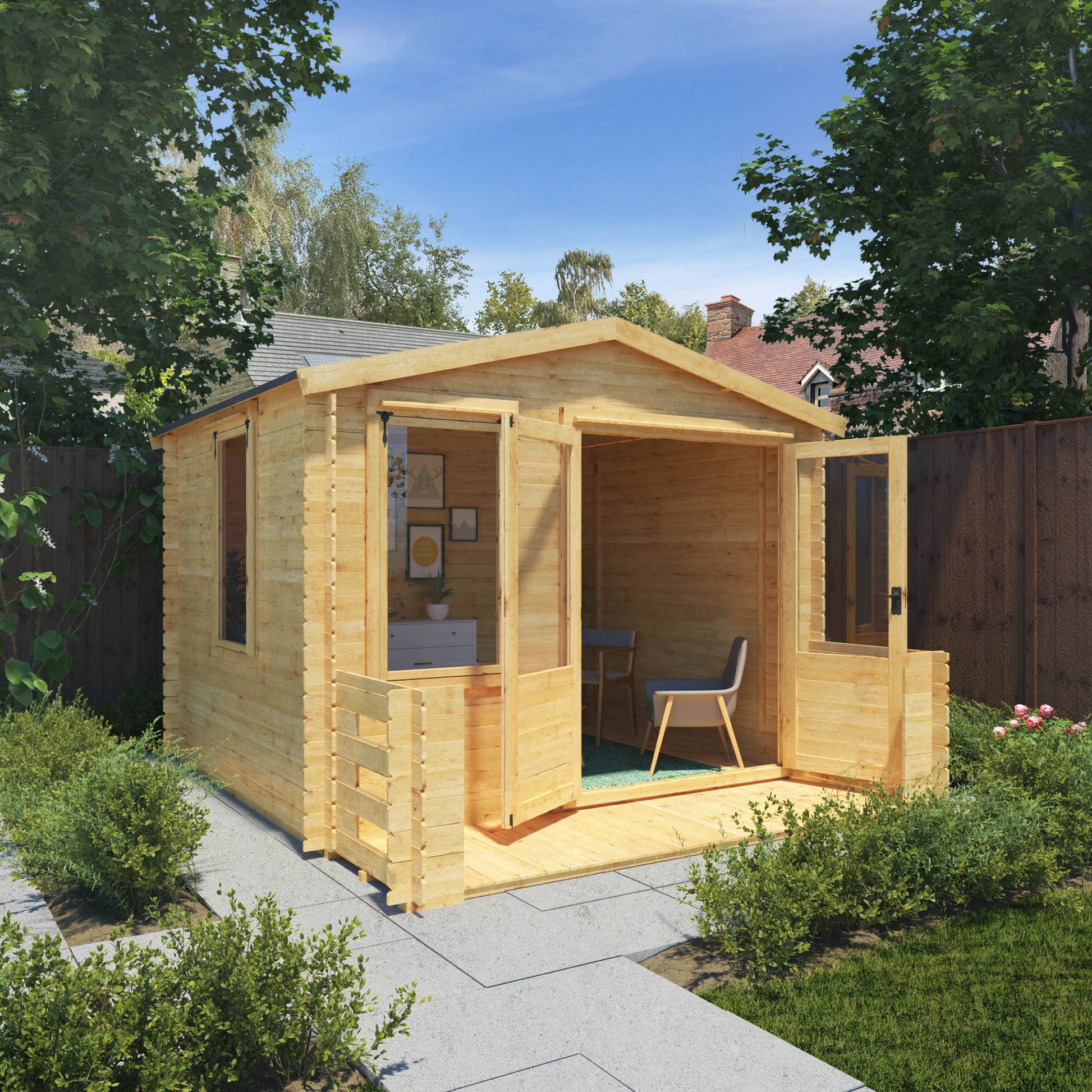 A traditional timber log cabin with apex roof, double doors, large windows and veranda