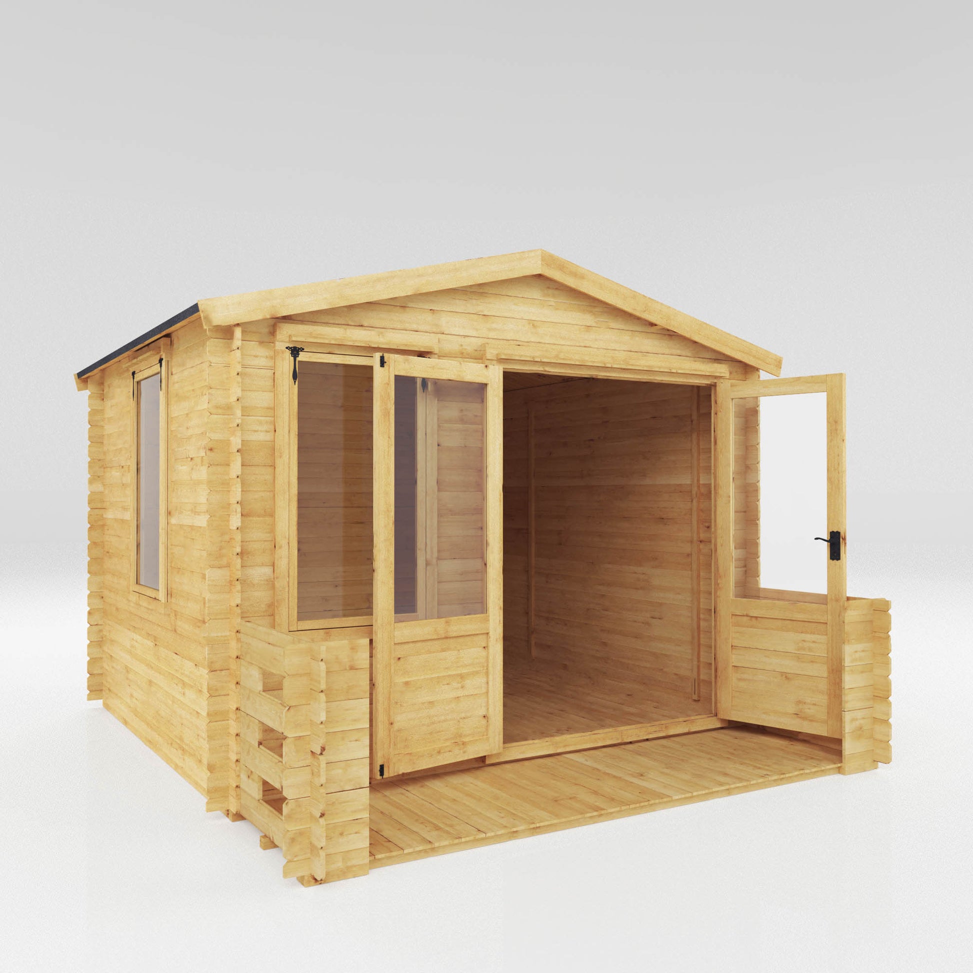 A traditional timber log cabin with apex roof, double doors, large windows and veranda