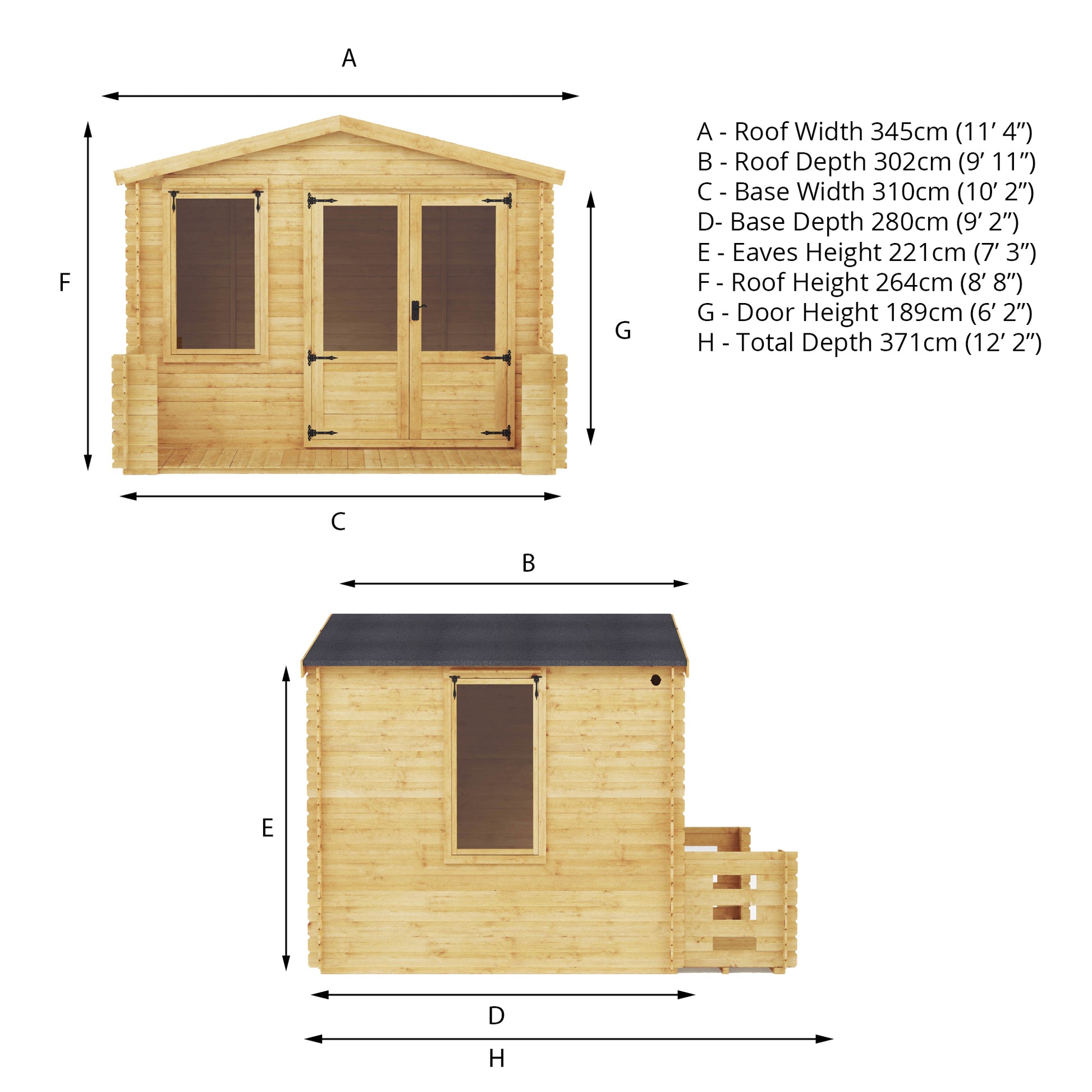 Dimensions of a traditional timber log cabin with apex roof, double doors, large windows and veranda