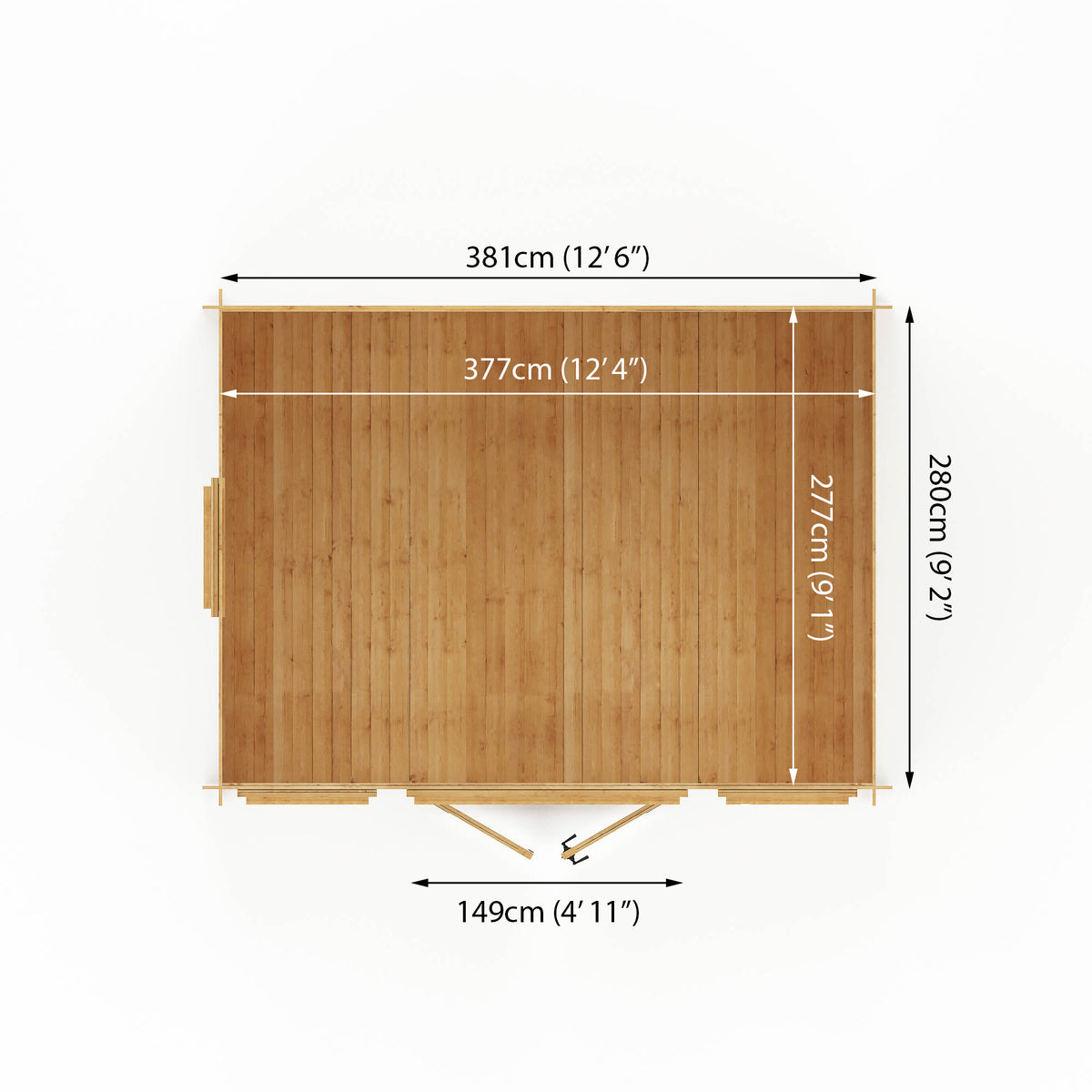 Wooden log cabin with dimensions labelled on a white background