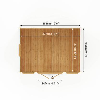 Wooden log cabin with dimensions labelled on a white background