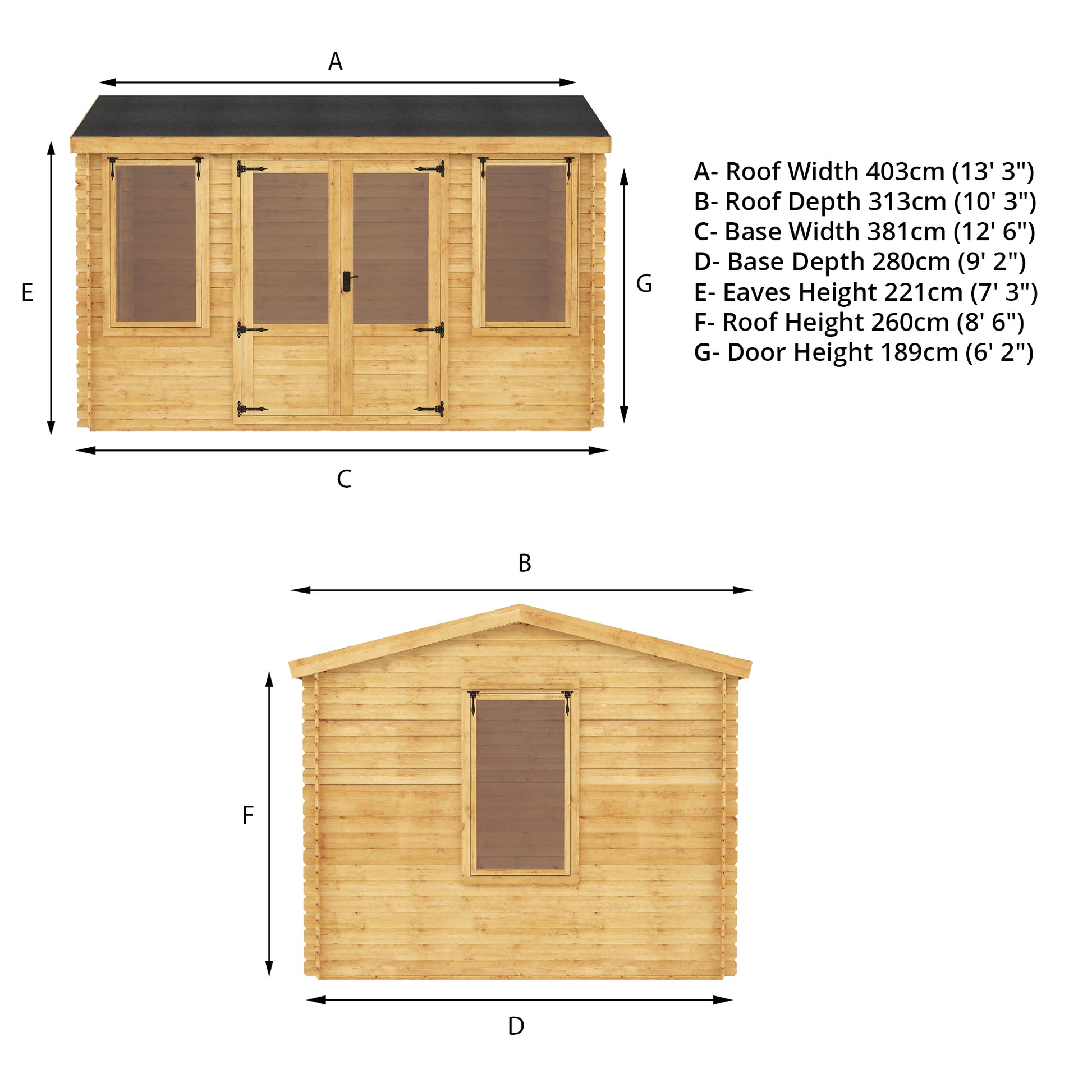 Dimensions of a timber log cabin with double doors, large windows and apex roof