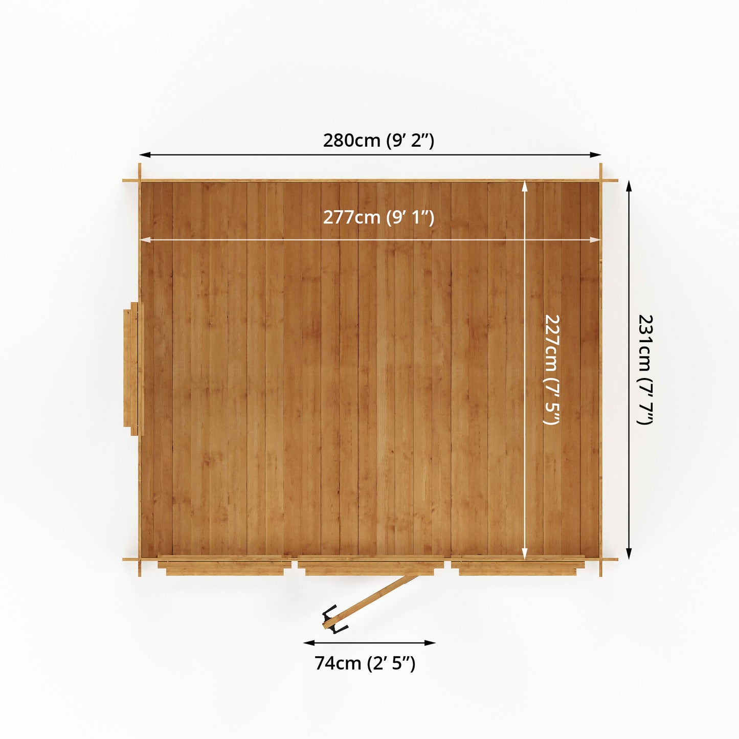 Dimensions of a modern log cabin with single door, full length windows, apex roof