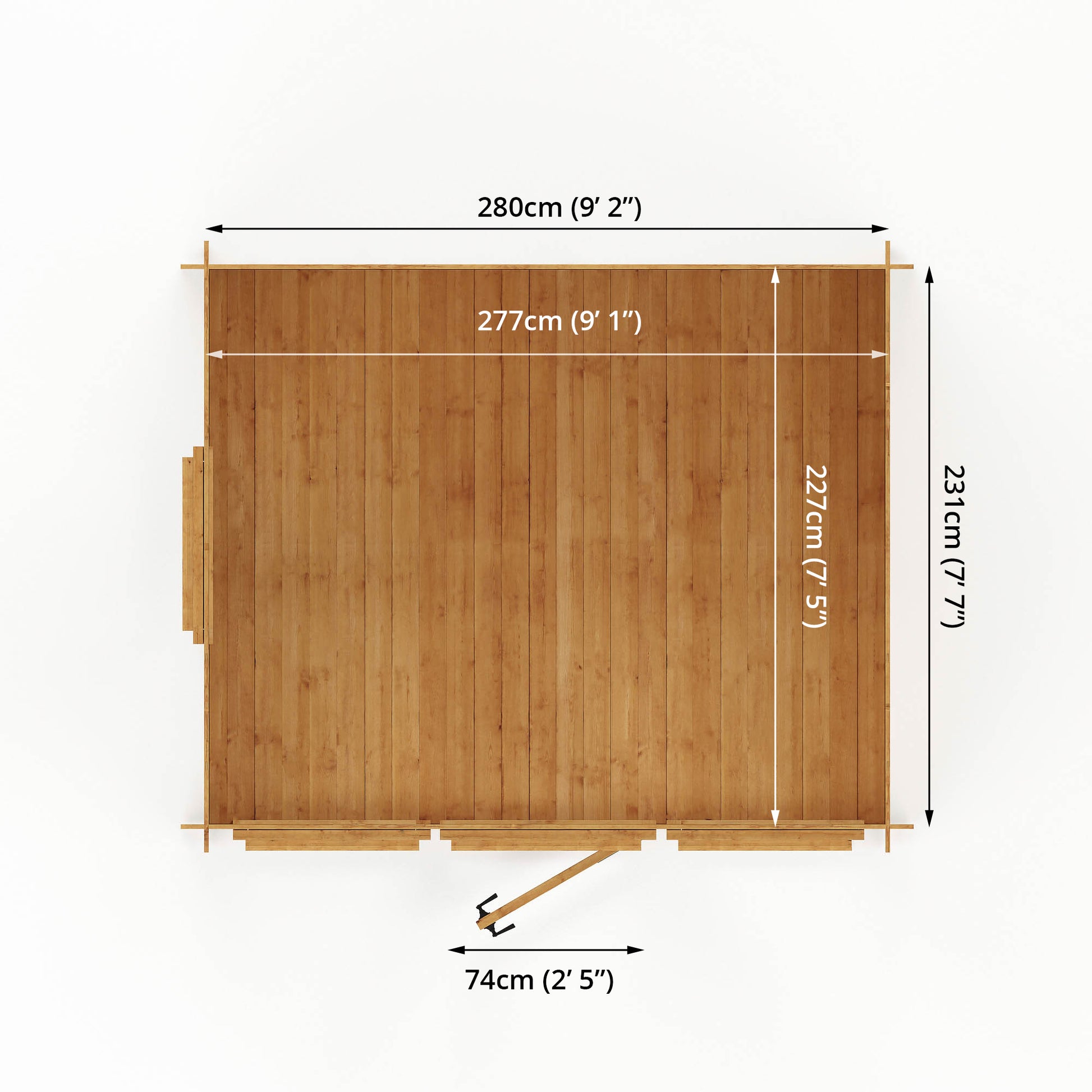 Dimensions of a modern log cabin with single door, full length windows, apex roof