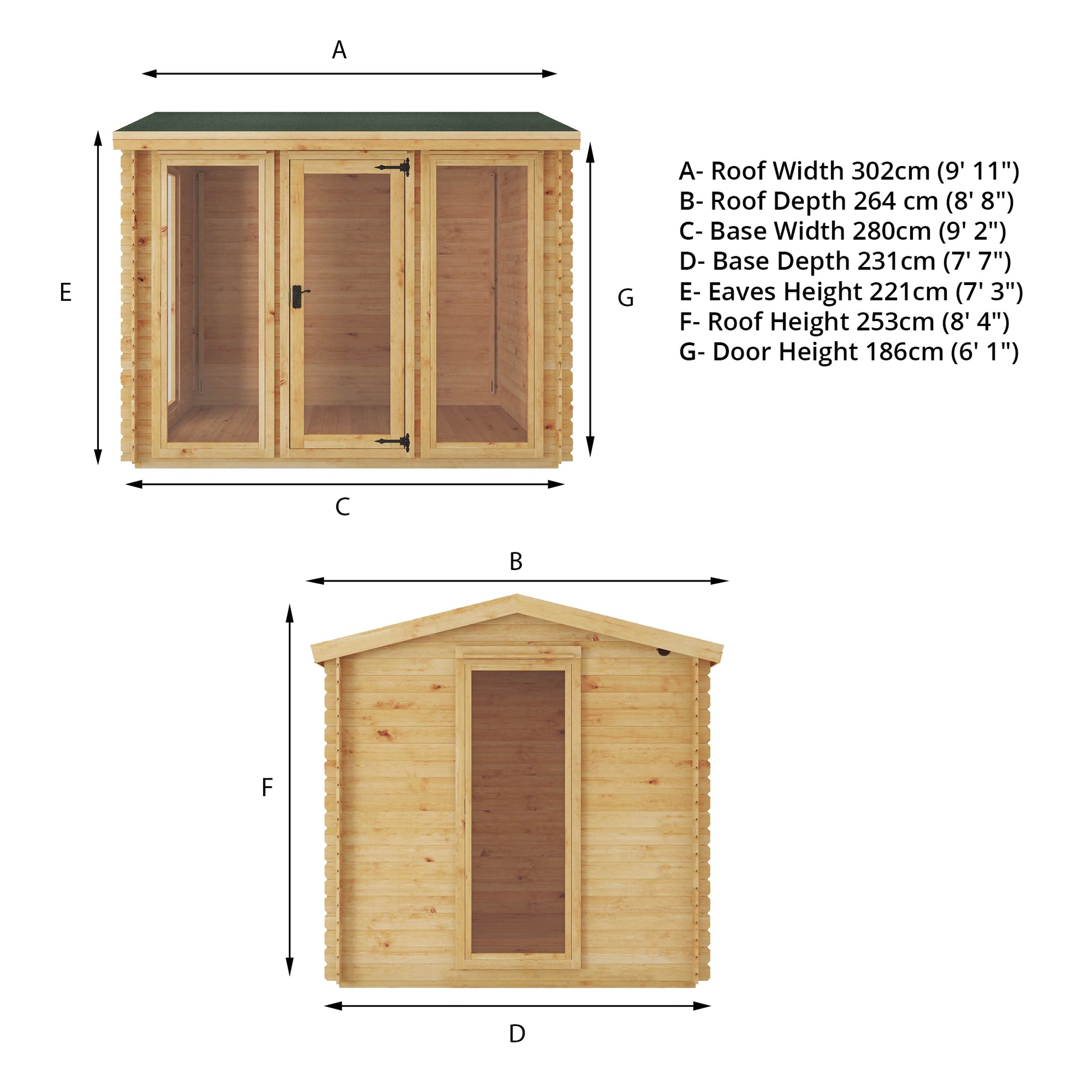 Dimensions of a modern log cabin with single door, full length windows, apex roof