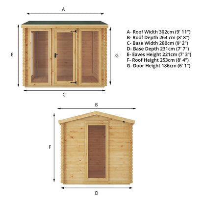 Dimensions of a modern log cabin with single door, full length windows, apex roof